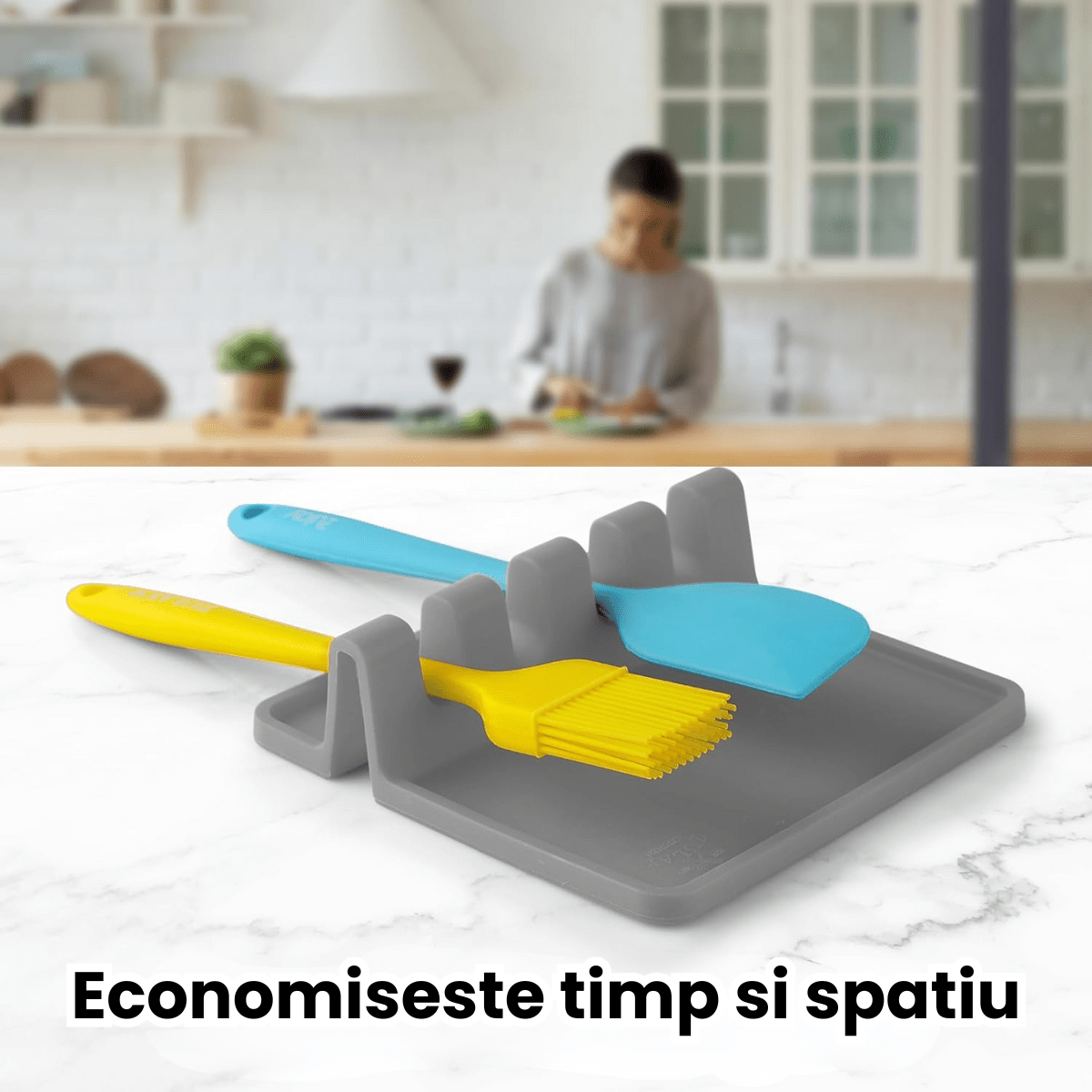 Suport Ustensile Bucatarie HASEPE Din Silicon Cu 4 Compartimente, Suport Lingura Silicon Pentru Gatit Curat, Organizator Tacamuri Pentru Blat, Rezistent La Caldura, Baza Anti - Alunecare, Design Modern - HASEPE