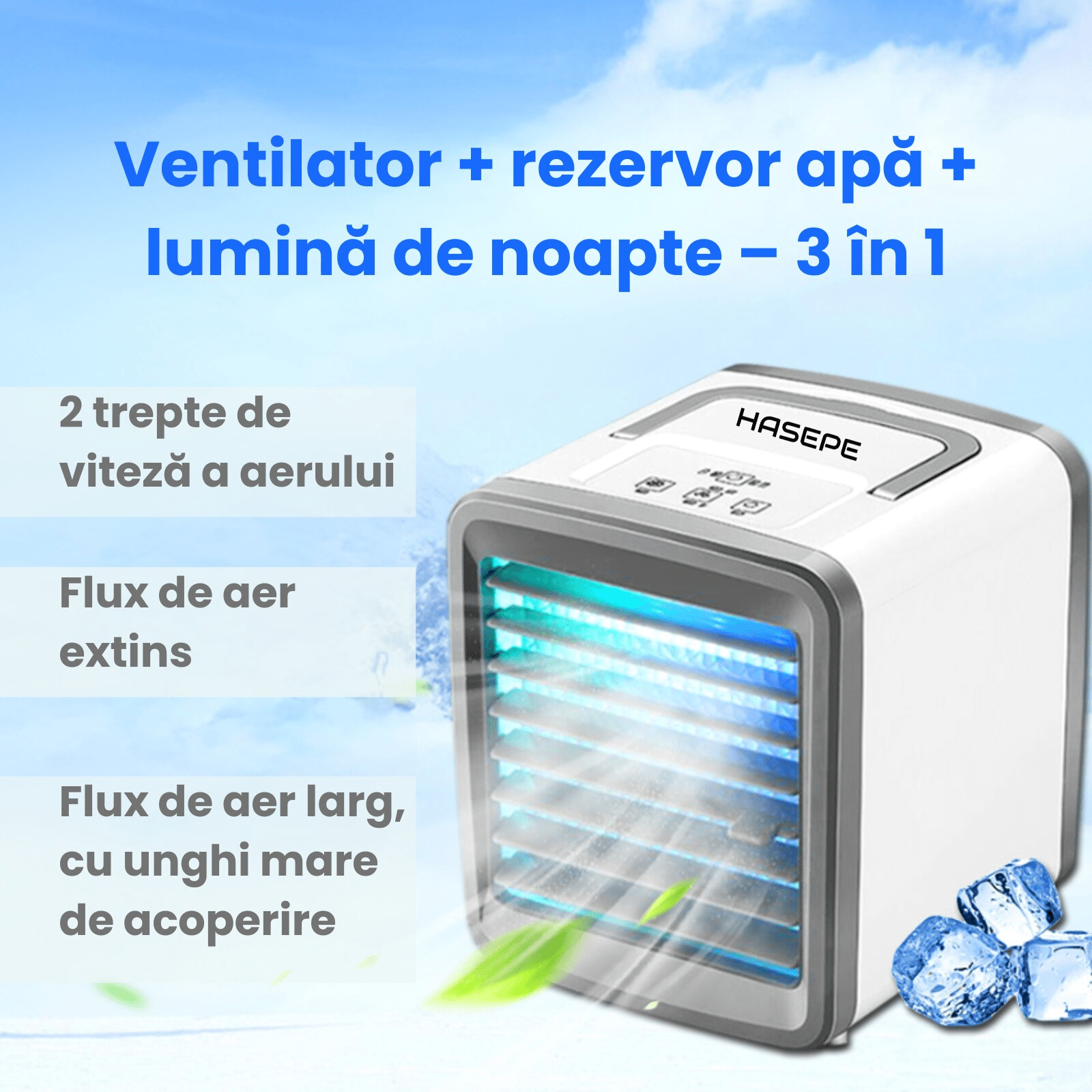 Racitor Ventilator aer portabil HASEPE, Ventilator pulverizare cu Apa, Mini aer USB, Silentios cu 2 viteze 3600 rpm/2700 rpm, Rezervor 200ml, Lumina LED, Buton ON/OFF, Climatizare Personala pentru Bir - HASEPE
