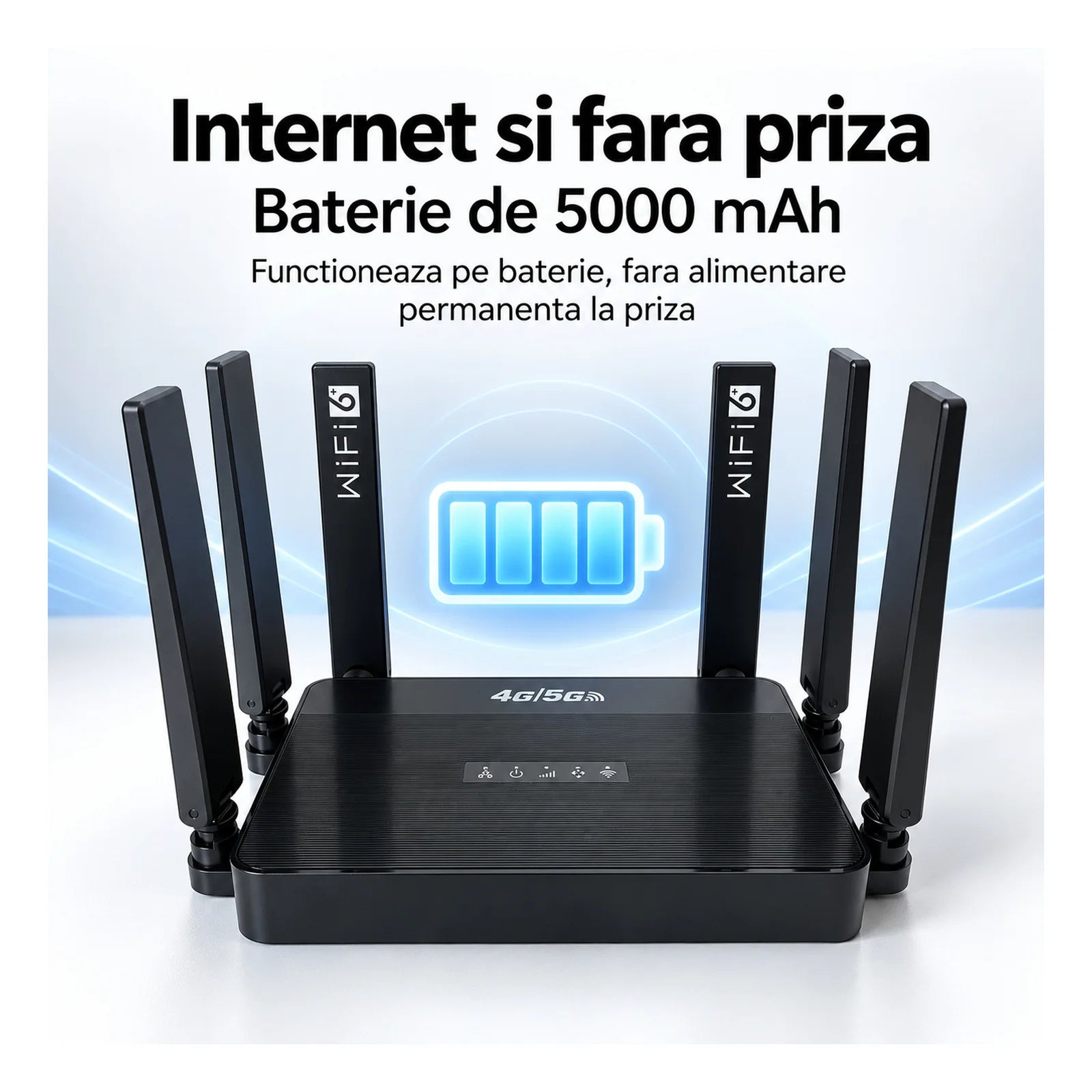Router Wireless HASEPE® Router 4G LTE Cu Slot SIM, 300 Mbps, 2.4 GHz, 6 Antene, Baterie 5000 mAh
