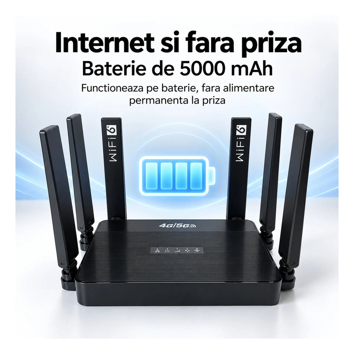 Router Wireless HASEPE® Router 4G LTE Cu Slot SIM, 300 Mbps, 2.4 GHz, 6 Antene, Baterie 5000 mAh