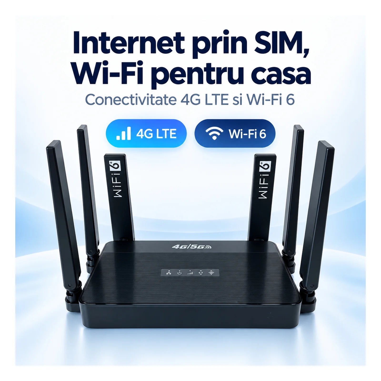 Router Wireless HASEPE®, Router 4G LTE Cu Slot SIM, 300 Mbps, 2.4 GHz, 6 Antene, 3 Porturi LAN + 1 WAN