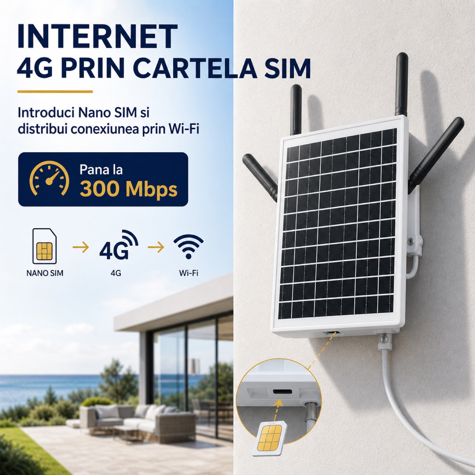 Router Wireless HASEPE® 4G LTE Wi-Fi 6 Solar, Router 4G cu Slot Nano-SIM, 300 Mbps, 2.4 GHz, Baterie 18000 mAh, IP66