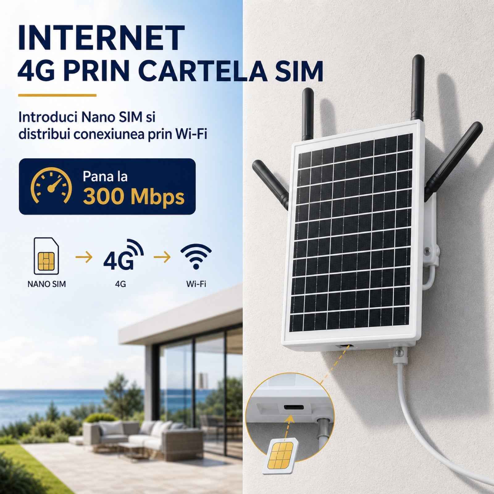Router Wireless HASEPE® 4G LTE Wi-Fi 6 Solar, Router 4G cu Slot Nano-SIM, 300 Mbps, 2.4 GHz, Baterie 18000 mAh, IP66