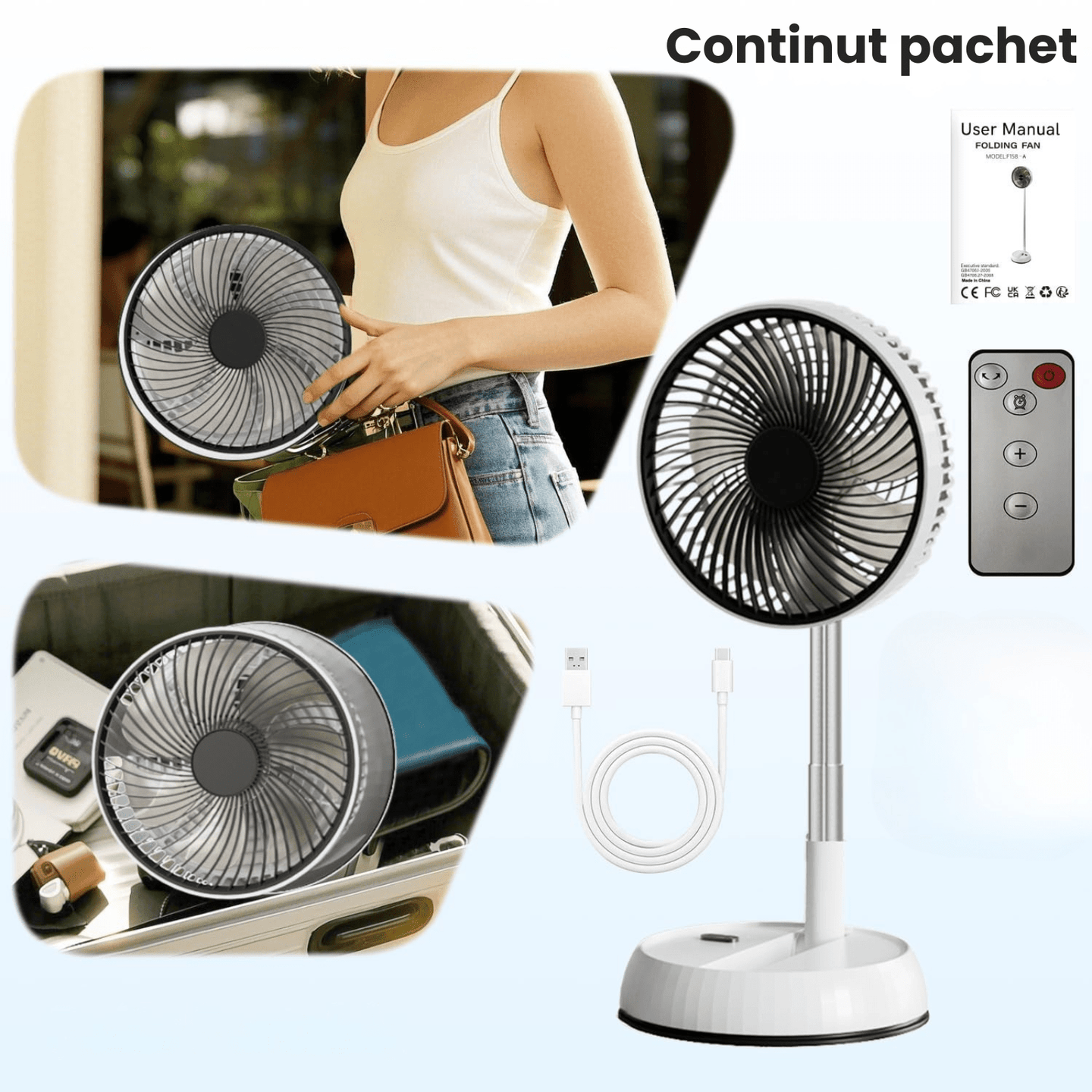 Ventilator portabil telescopic HASEPE, pliabil cu telecomanda, 3 viteze, reglabil pe inaltime 35 - 85 cm, rotire automata 90°, cap inclinabil 180°, USB, diametru 20 cm, alb - HASEPE