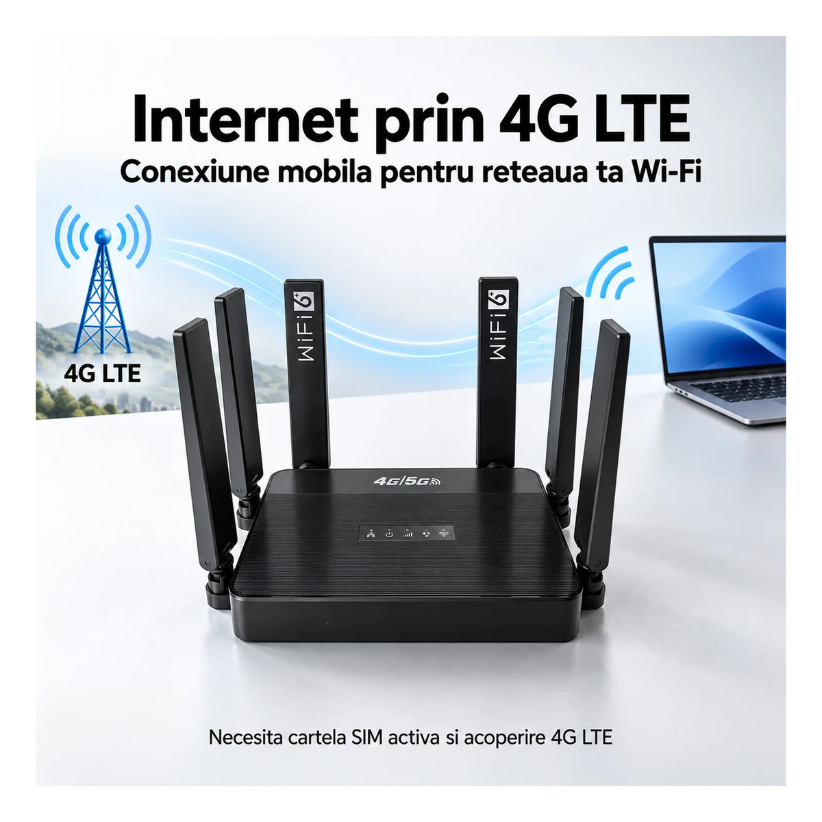 Router Wireless HASEPE® Router 4G LTE Cu Slot SIM, 300 Mbps, 2.4 GHz, 6 Antene, Baterie 5000 mAh