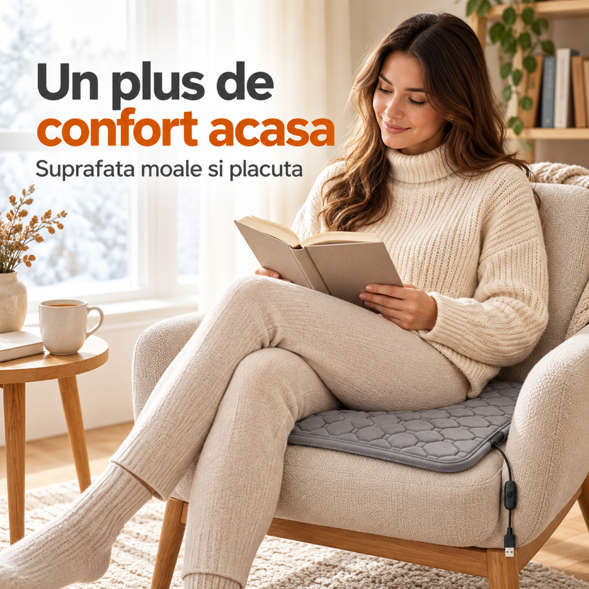 Perna Electrica HASEPE® pentru Scaun 45x45x3 cm, Alimentare USB, Perna Incalzita 50-60°C