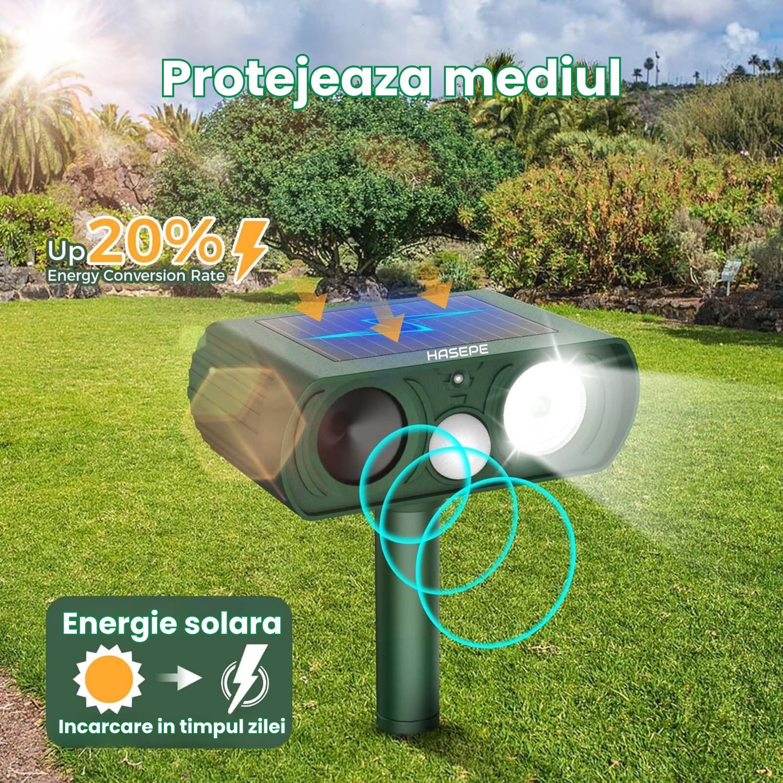 Dispozitiv Ultrasonic Solar Anti - Animale HASEPE, cu Senzor de Miscare 120°, LED Intermitent, Rezistent la Apa IP65, Protectie Ecologica pentru Gradina, Impotriva Pisicilor, Cainilor, Rozatoarelor si C - HASEPE