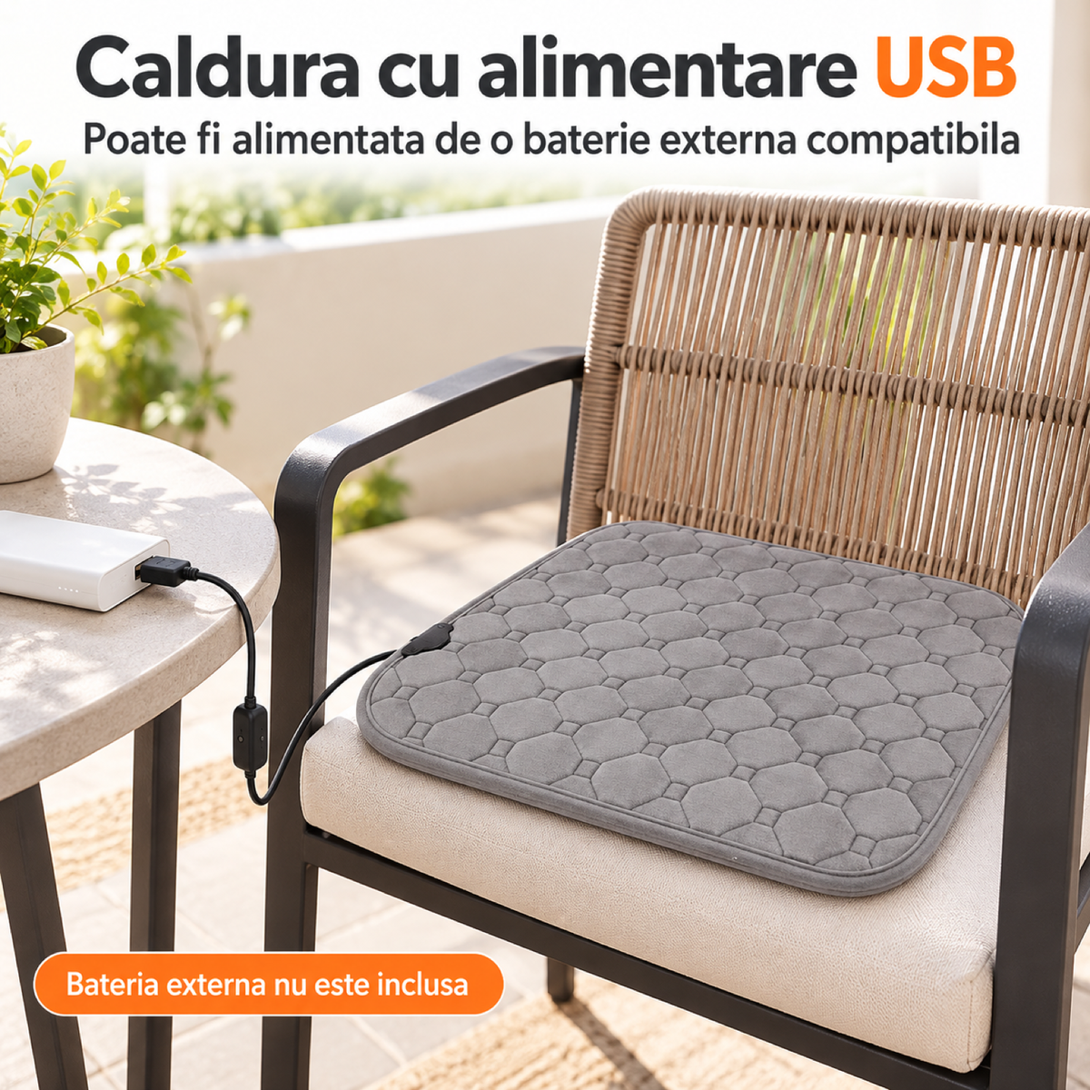 Perna Electrica HASEPE® pentru Scaun 45x45x3 cm, Alimentare USB, Perna Incalzita 50-60°C