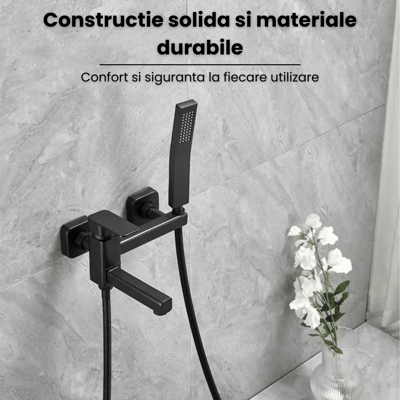 Baterie cada si dus cu montaj in perete HASEPE, cartus ceramic, set de dus si pipa cu comutator, rezistenta la coroziune si uzura, negru - HASEPE