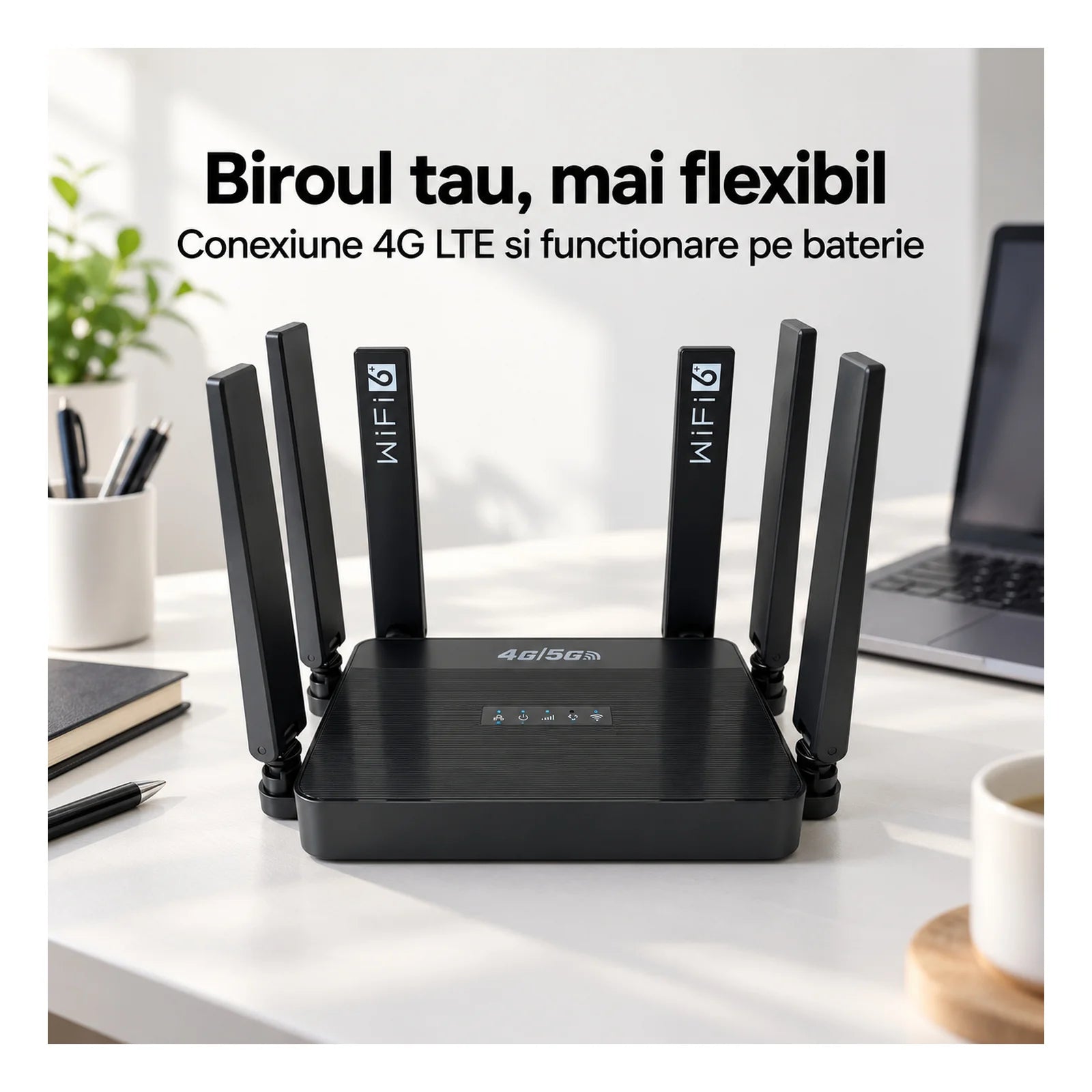 Router Wireless HASEPE® Router 4G LTE Cu Slot SIM, 300 Mbps, 2.4 GHz, 6 Antene, Baterie 5000 mAh