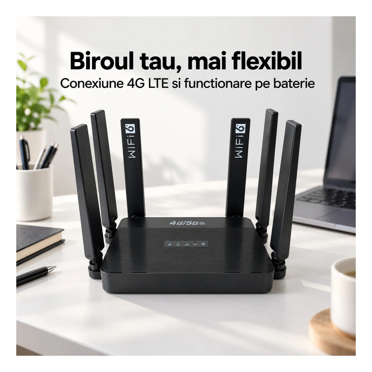 Router Wireless HASEPE® Router 4G LTE Cu Slot SIM, 300 Mbps, 2.4 GHz, 6 Antene, Baterie 5000 mAh