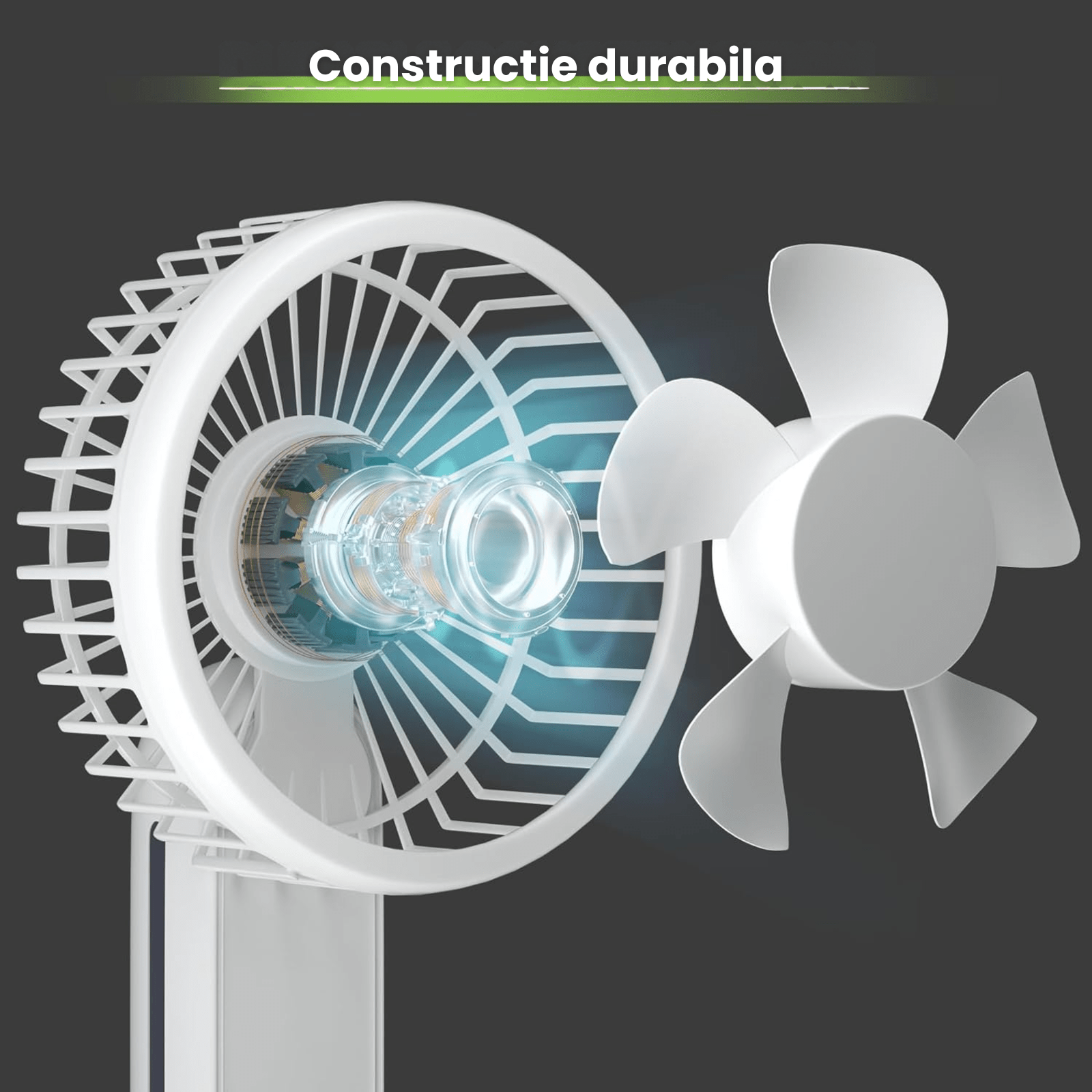 Ventilator portabil pliabil USB HASEPE, 3 viteze, rotire 180°, diametru 21 cm, autonomie 1,5–5 ore, compact si silentios, ideal pentru birou, plaja, calatorii, alb - HASEPE