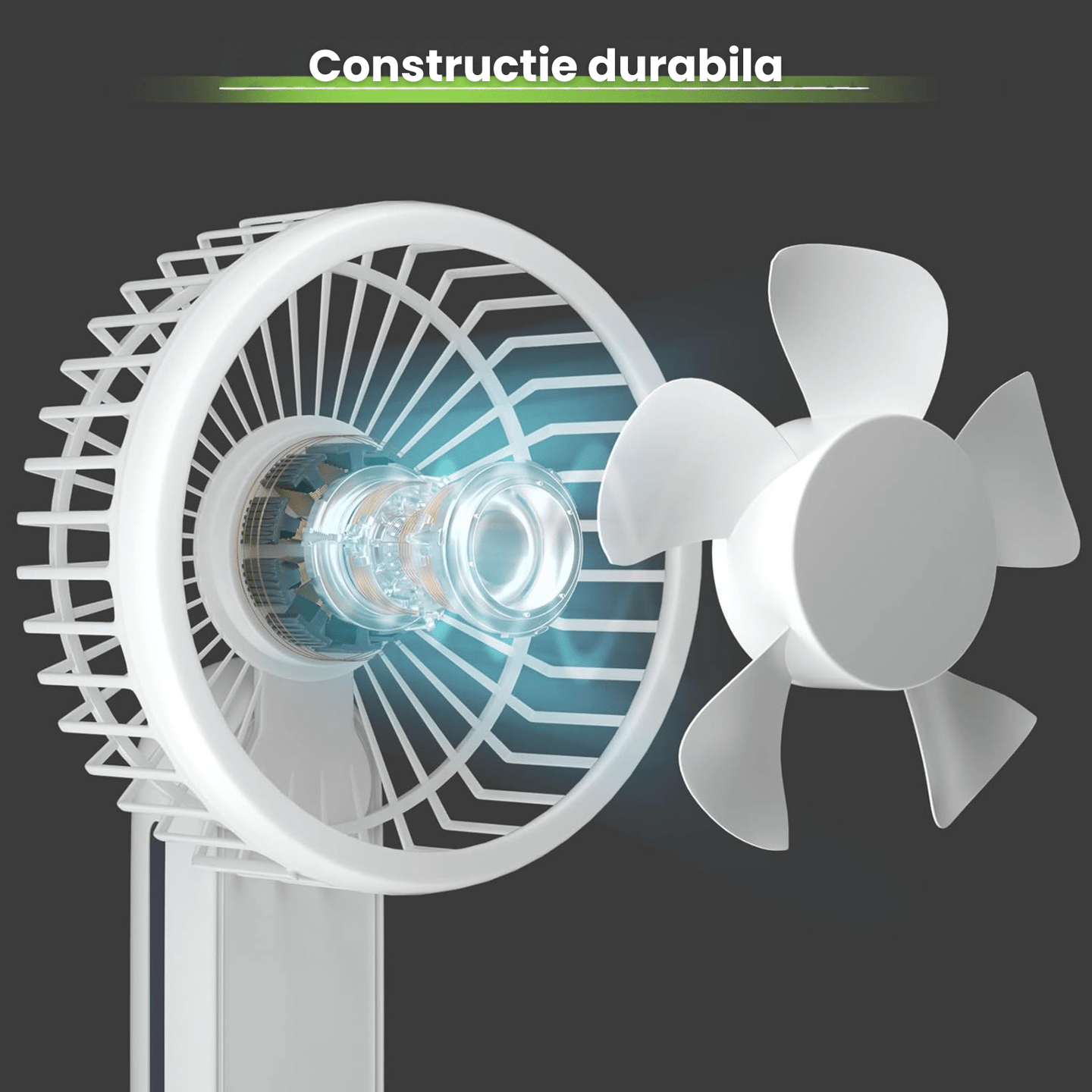 Ventilator portabil pliabil USB HASEPE, 3 viteze, rotire 180°, diametru 21 cm, autonomie 1,5–5 ore, compact si silentios, ideal pentru birou, plaja, calatorii, alb - HASEPE