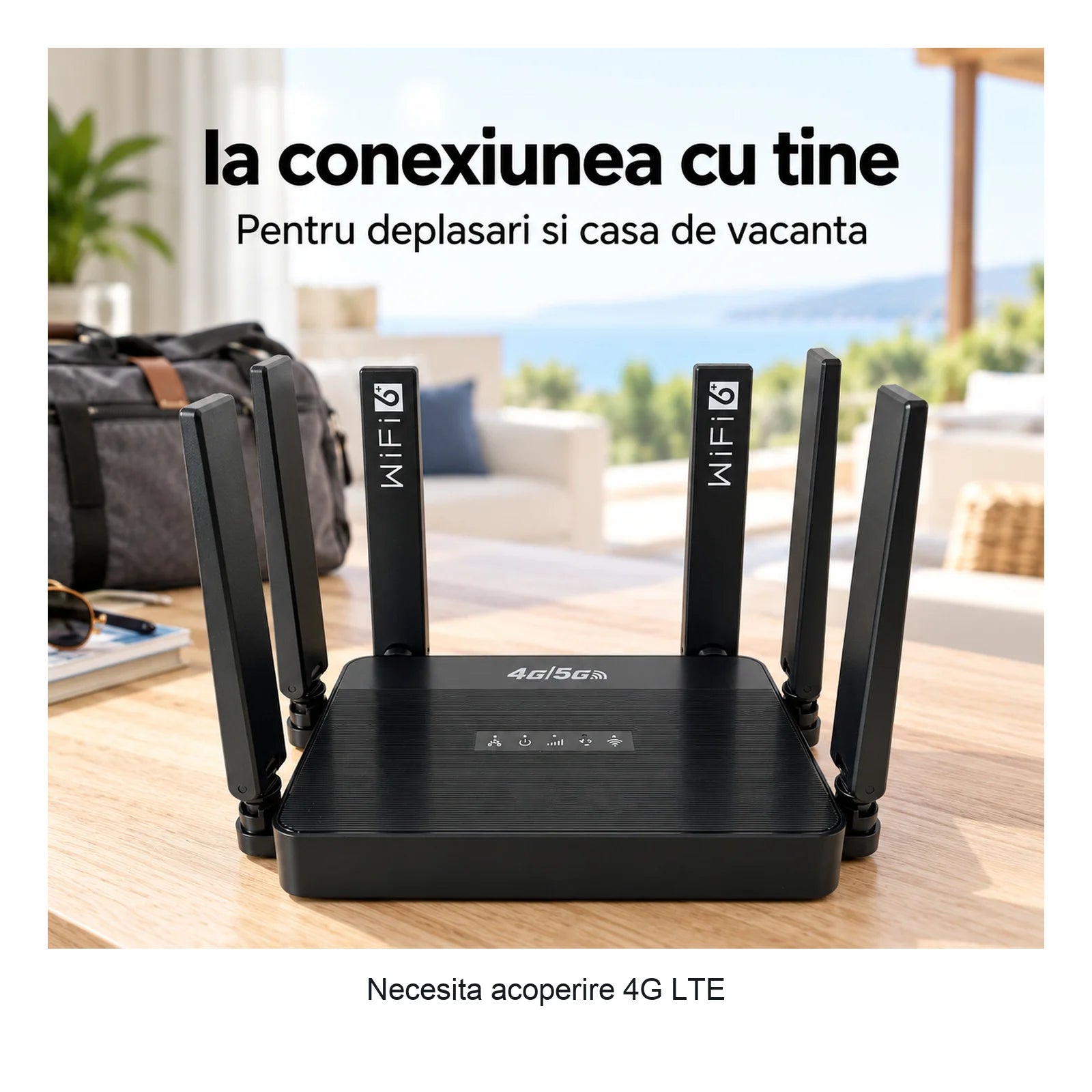 Router Wireless HASEPE® Router 4G LTE Cu Slot SIM, 300 Mbps, 2.4 GHz, 6 Antene, Baterie 5000 mAh