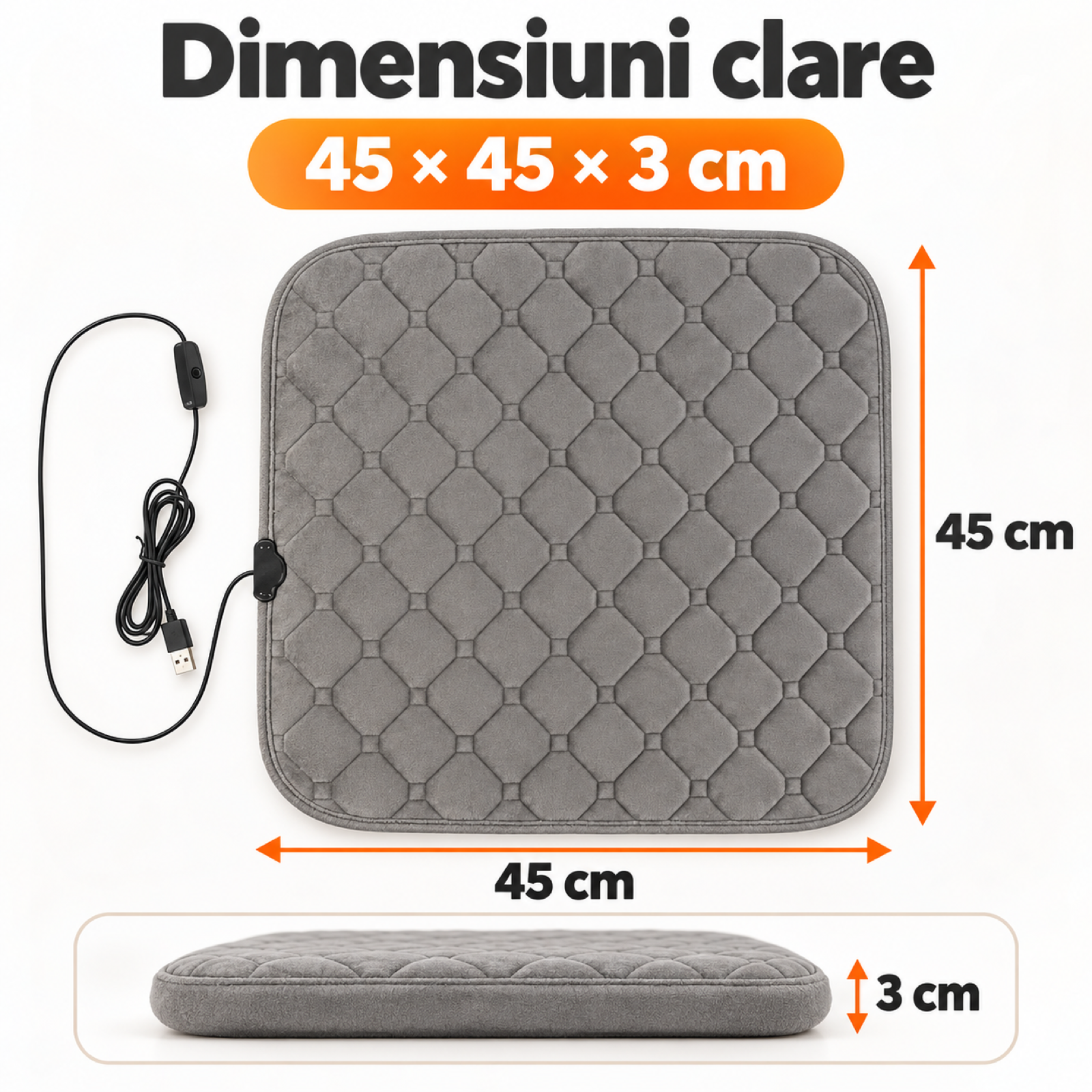 Perna Electrica HASEPE® pentru Scaun 45x45x3 cm, Alimentare USB, Perna Incalzita 50-60°C