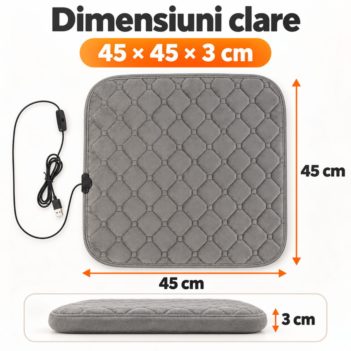 Perna Electrica HASEPE® pentru Scaun 45x45x3 cm, Alimentare USB, Perna Incalzita 50-60°C