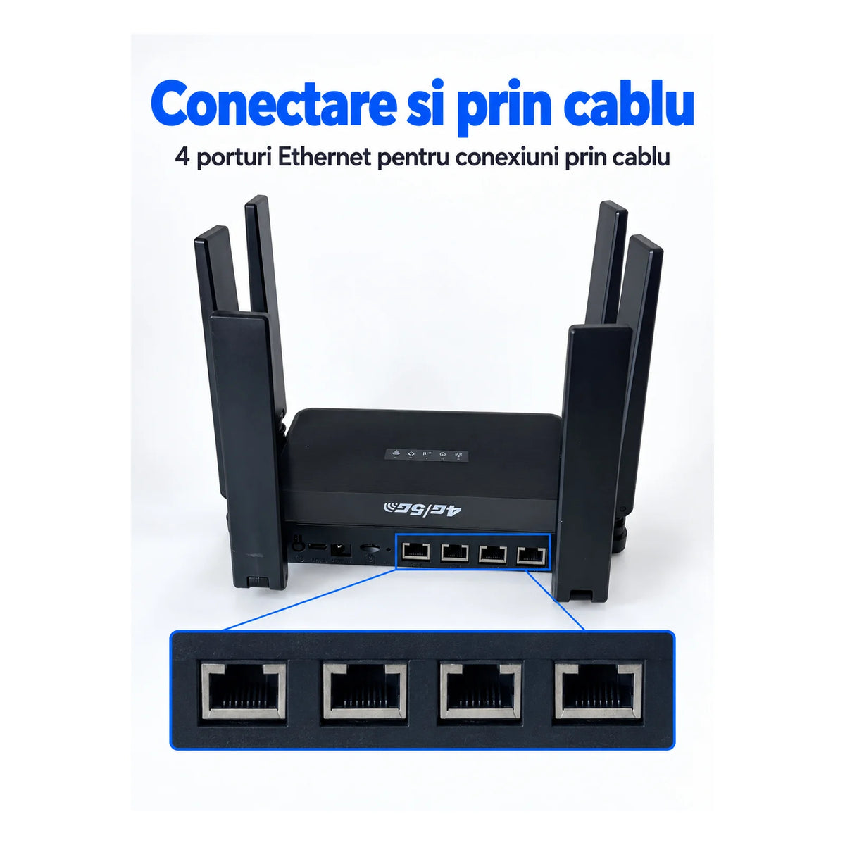 Router Wireless HASEPE®, Router 4G LTE Cu Slot SIM, 300 Mbps, 2.4 GHz, 6 Antene, 3 Porturi LAN + 1 WAN