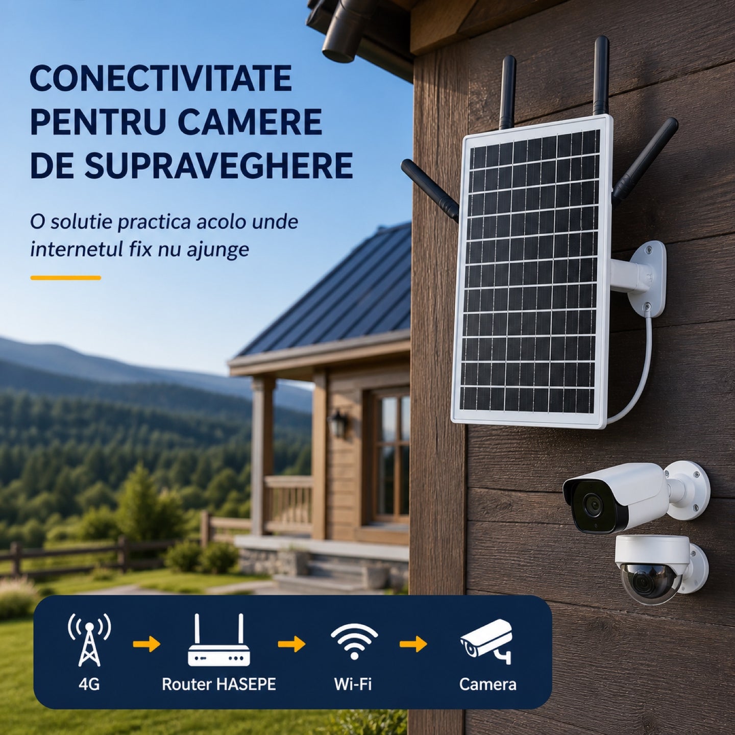 Router Wireless HASEPE® 4G LTE Wi-Fi 6 Solar, Router 4G cu Slot Nano-SIM, 300 Mbps, 2.4 GHz, Baterie 18000 mAh, IP66