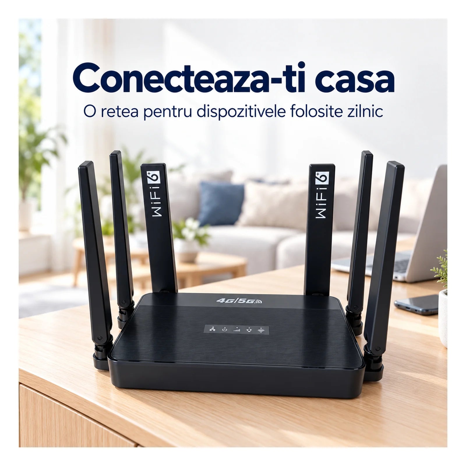 Router Wireless HASEPE®, Router 4G LTE Cu Slot SIM, 300 Mbps, 2.4 GHz, 6 Antene, 3 Porturi LAN + 1 WAN