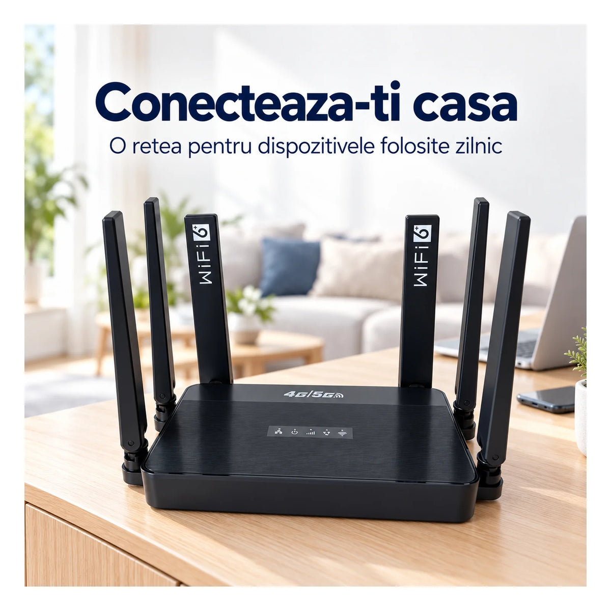 Router Wireless HASEPE®, Router 4G LTE Cu Slot SIM, 300 Mbps, 2.4 GHz, 6 Antene, 3 Porturi LAN + 1 WAN