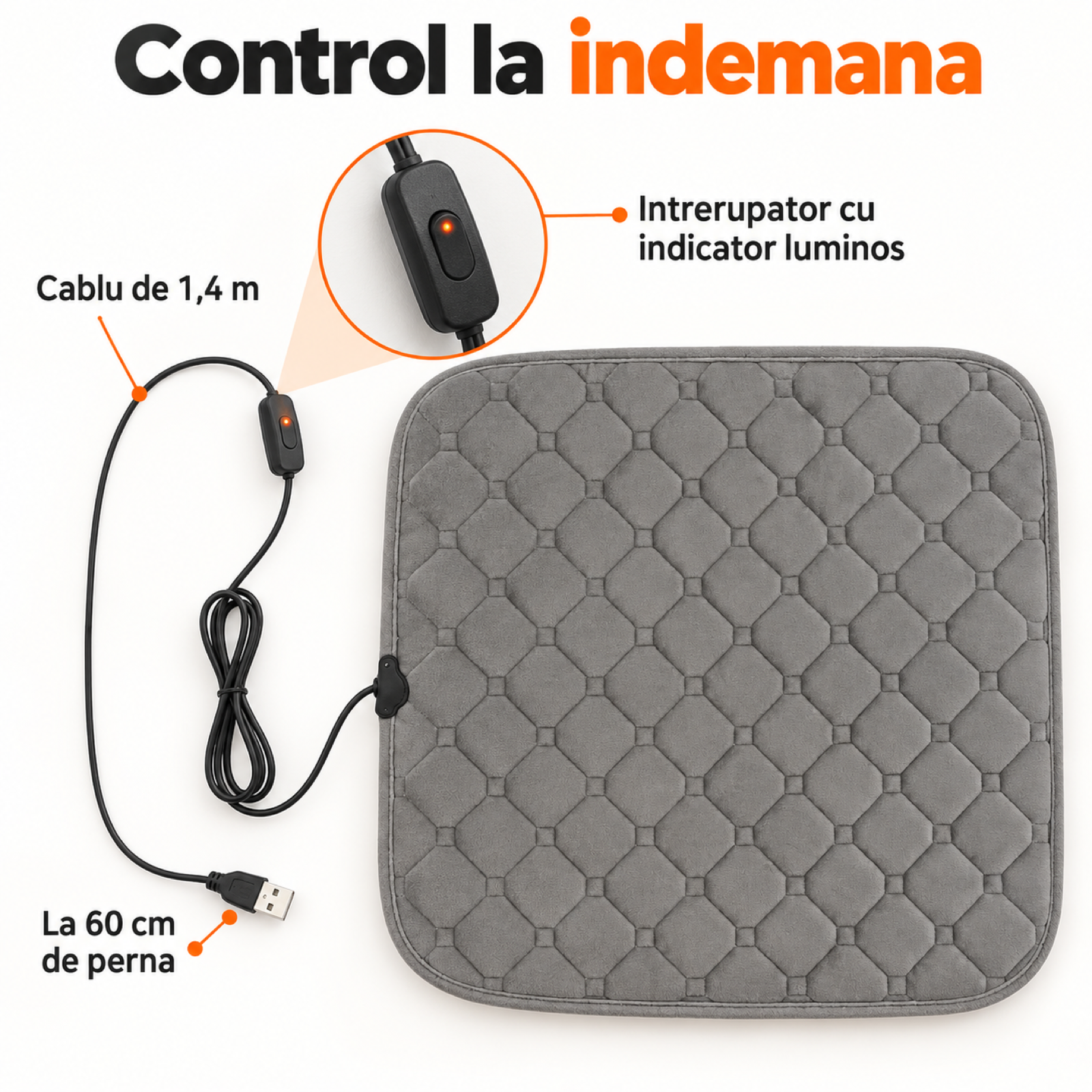 Perna Electrica HASEPE® pentru Scaun 45x45x3 cm, Alimentare USB, Perna Incalzita 50-60°C
