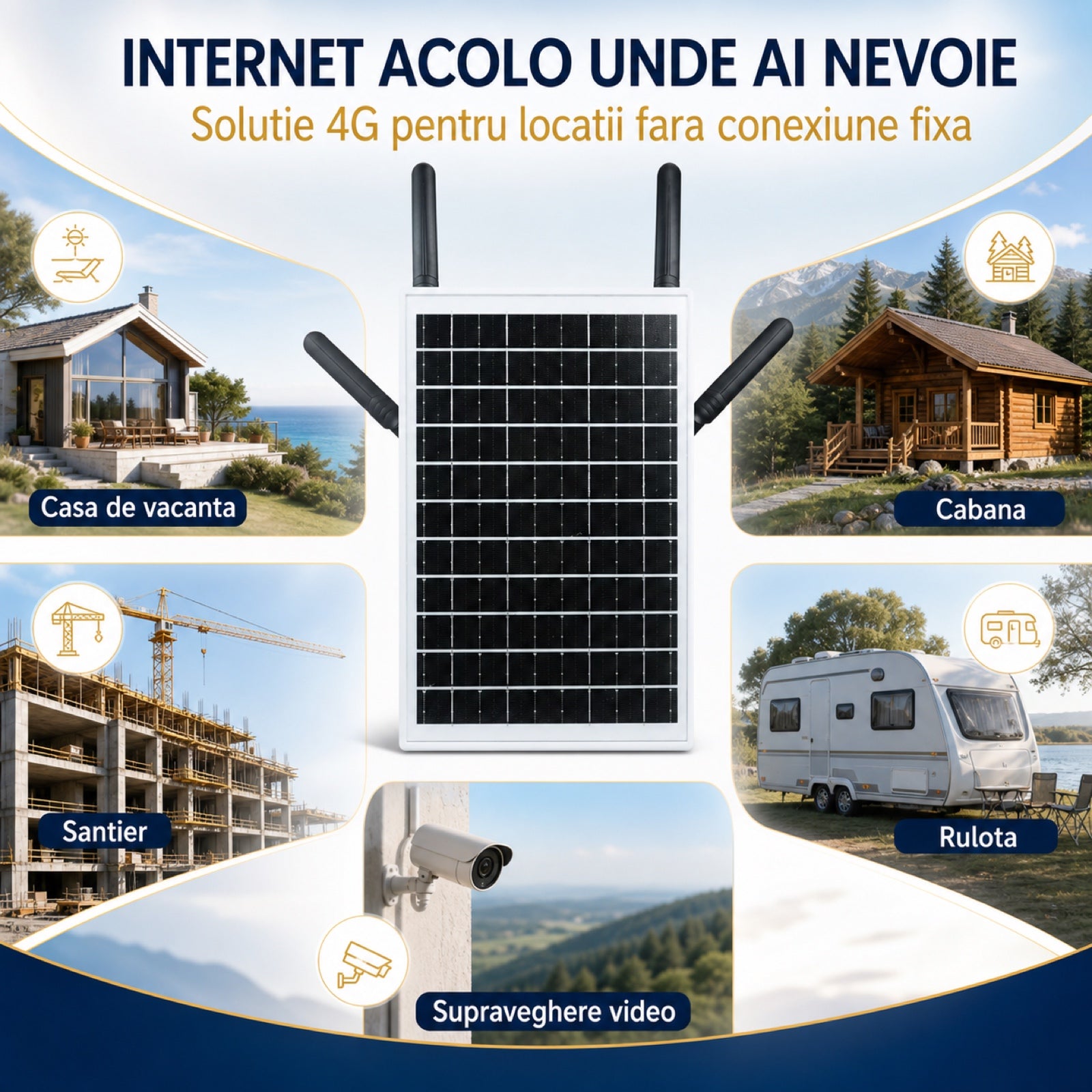 Router Wireless HASEPE® 4G LTE Wi-Fi 6 Solar, Router 4G cu Slot Nano-SIM, 300 Mbps, 2.4 GHz, Baterie 18000 mAh, IP66