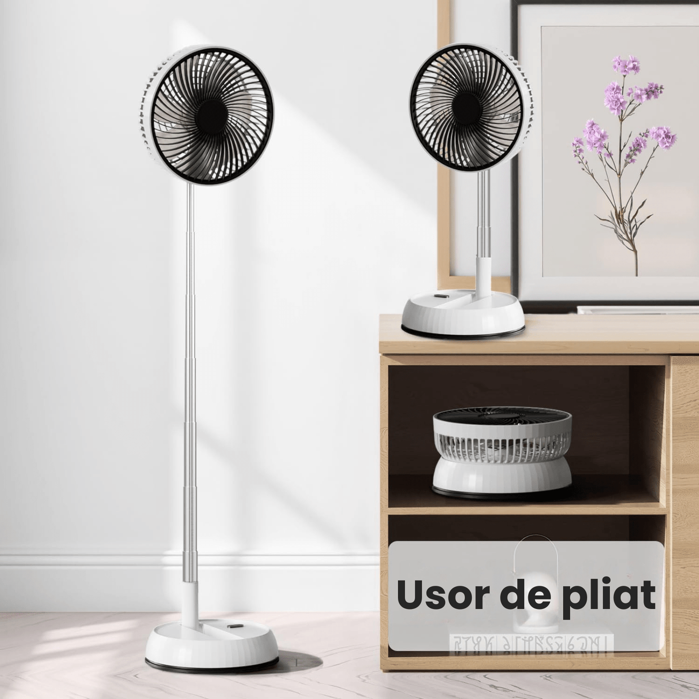 Ventilator portabil telescopic HASEPE, pliabil cu telecomanda, 3 viteze, reglabil pe inaltime 35 - 85 cm, rotire automata 90°, cap inclinabil 180°, USB, diametru 20 cm, alb - HASEPE