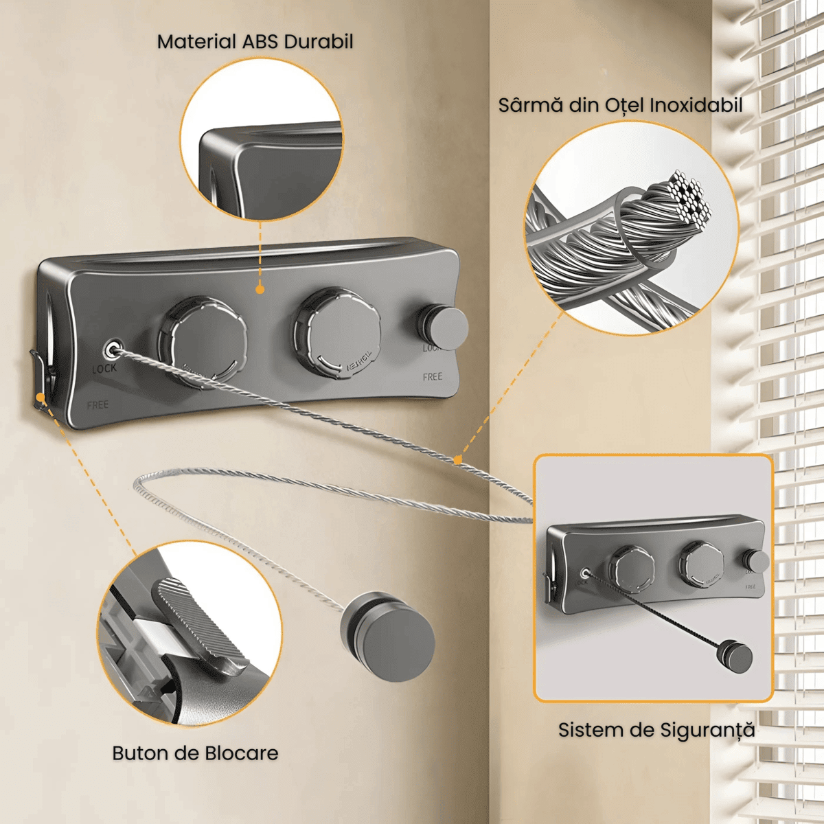 Uscator rufe retractabil HASEPE, montaj pe perete, sarme otel inoxidabil 5,1 m, capacitate 20 kg, rezistent interior exterior, compact pliabil, Gri - HASEPE