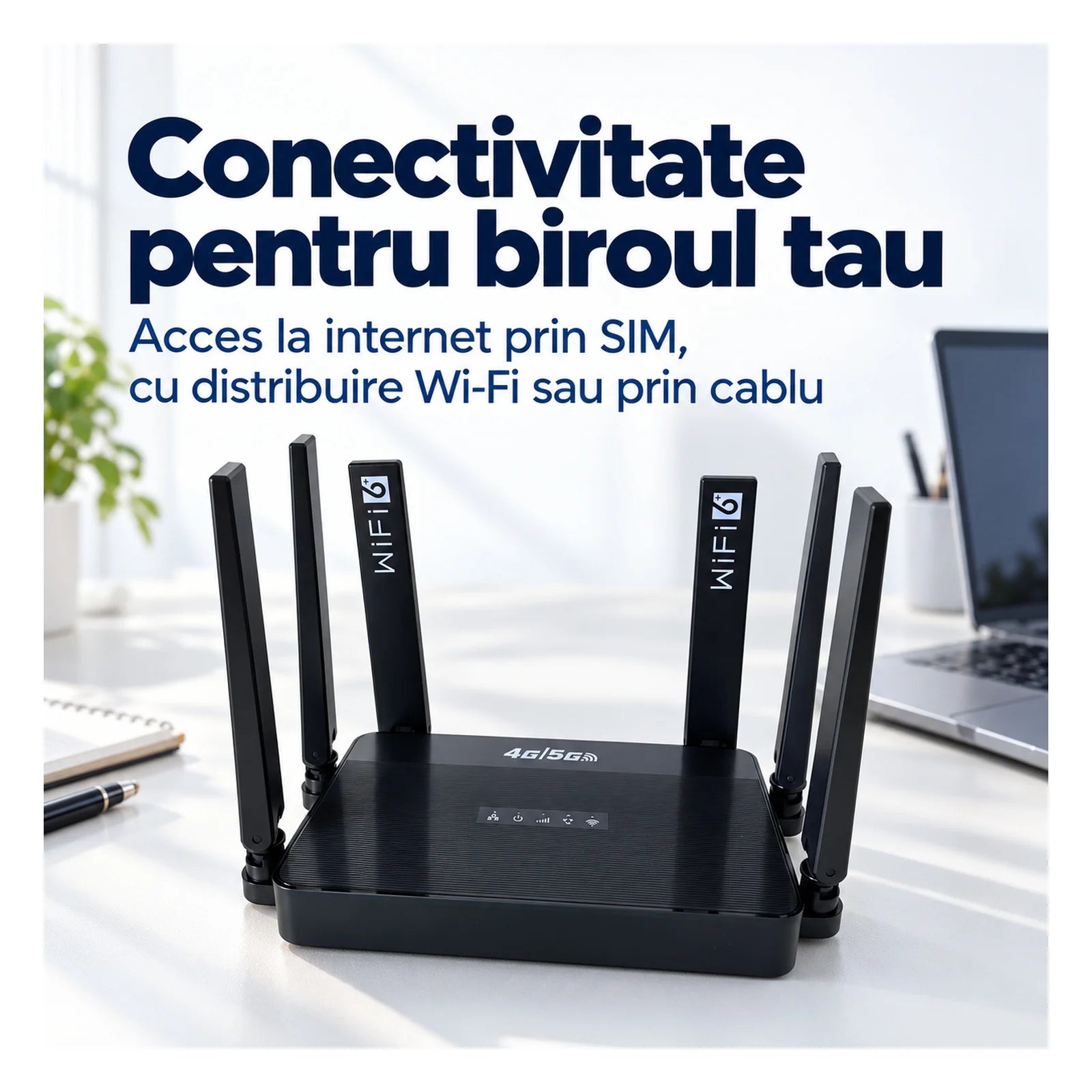 Router Wireless HASEPE®, Router 4G LTE Cu Slot SIM, 300 Mbps, 2.4 GHz, 6 Antene, 3 Porturi LAN + 1 WAN