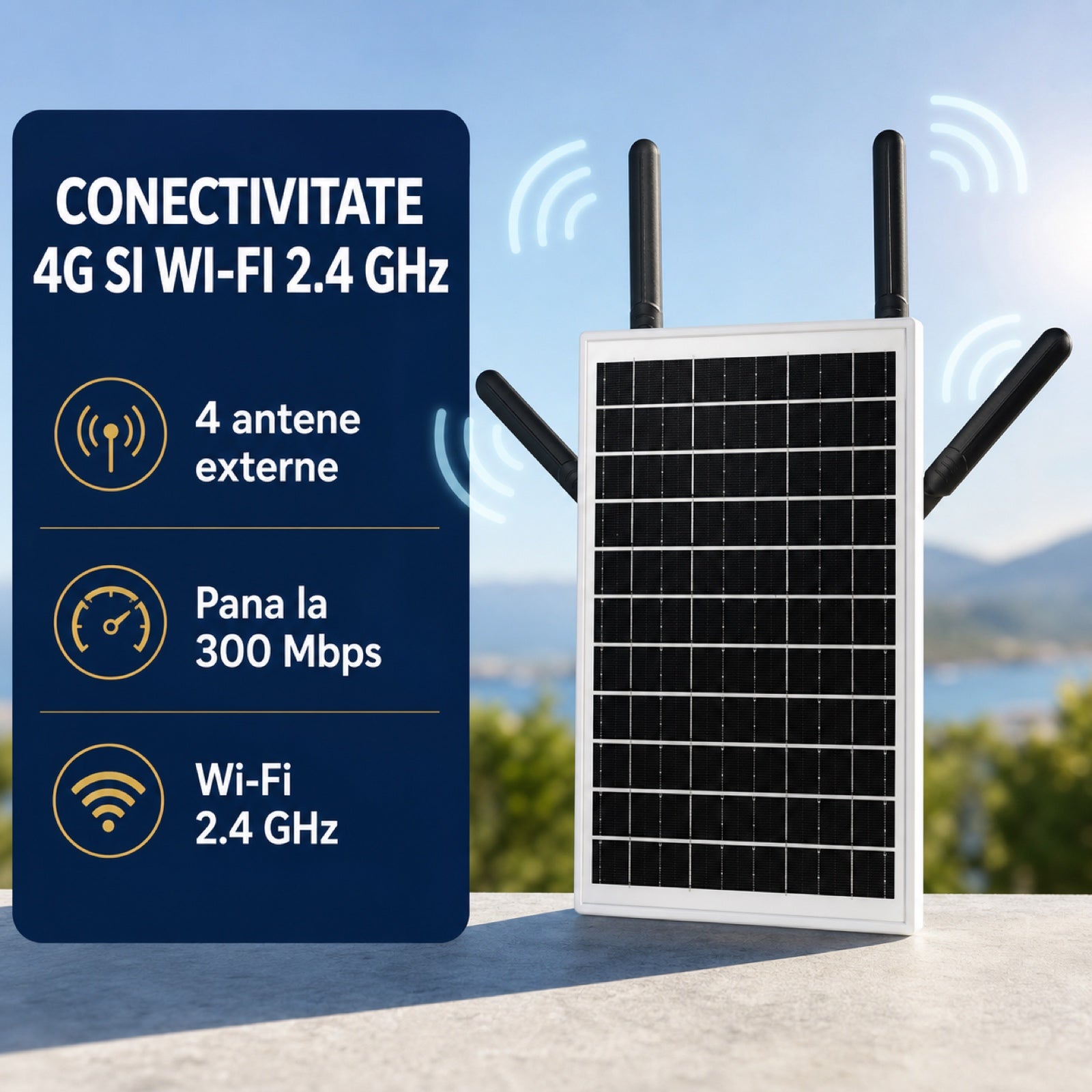 Router Wireless HASEPE® 4G LTE Wi-Fi 6 Solar, Router 4G cu Slot Nano-SIM, 300 Mbps, 2.4 GHz, Baterie 18000 mAh, IP66