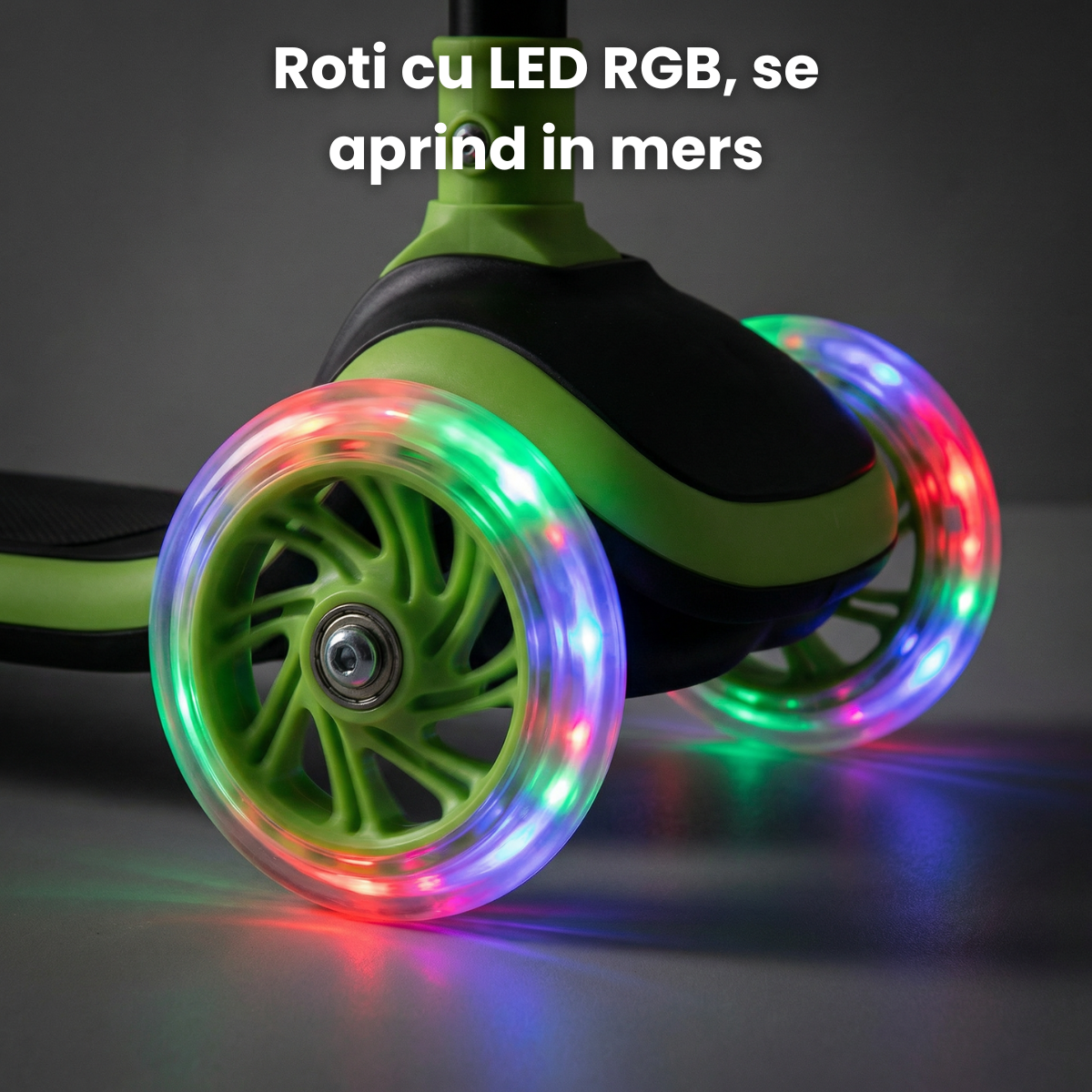 Trotineta Copii HASEPE Cu 3 Roti, Trotineta Cu Led In Roti, Inaltime 80 Cm, Ghidon Stabil, Design Pentru Echilibru, Trotineta Pentru Copii Usor De Folosit, Culoare Verde, Trotineta Copii Pentru Joaca