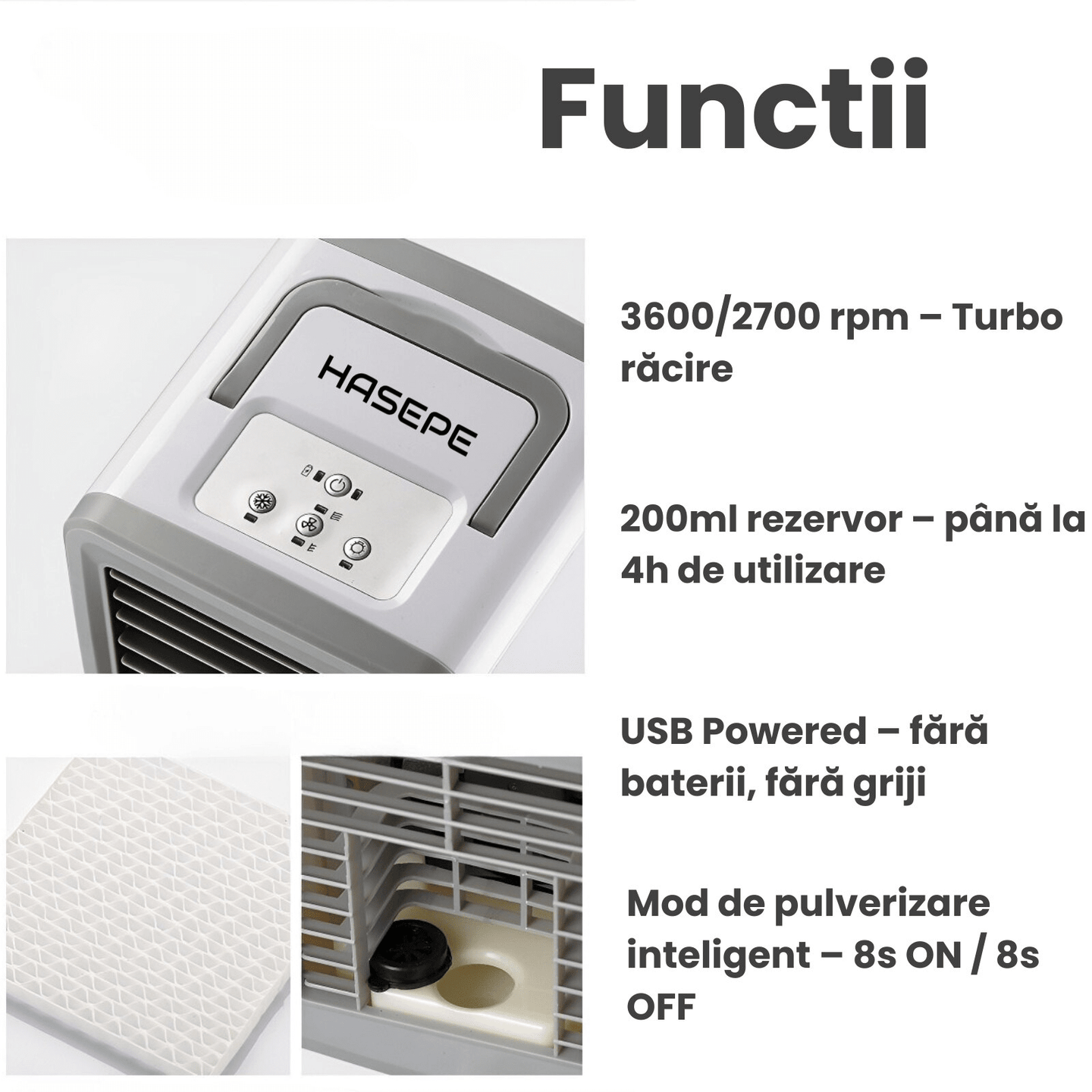 Racitor Ventilator aer portabil HASEPE, Ventilator pulverizare cu Apa, Mini aer USB, Silentios cu 2 viteze 3600 rpm/2700 rpm, Rezervor 200ml, Lumina LED, Buton ON/OFF, Climatizare Personala pentru Bir - HASEPE