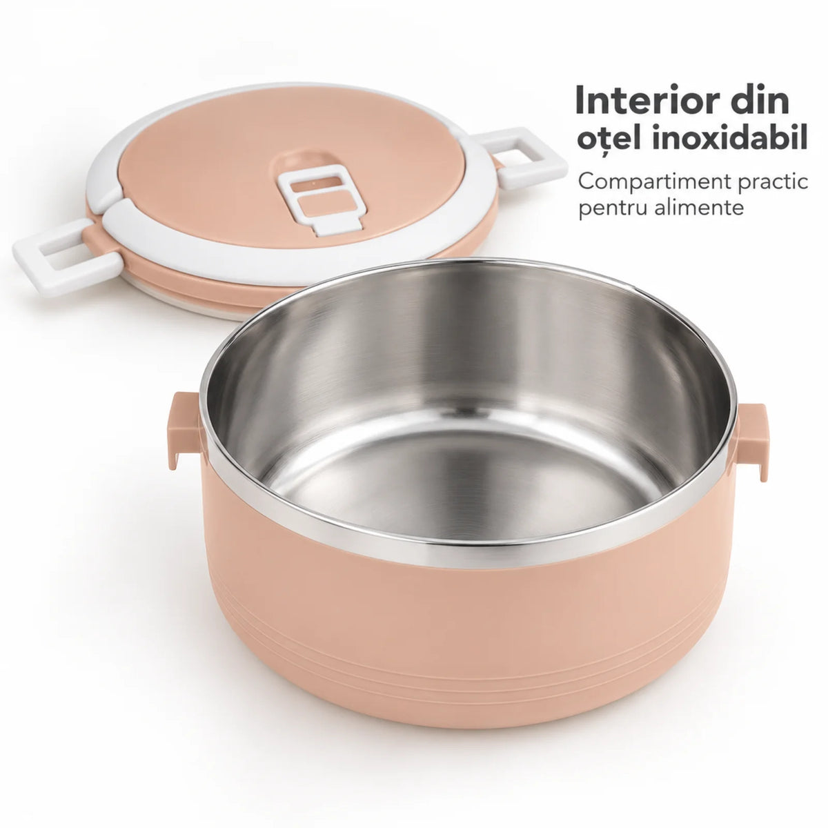 Caserola Termica HASEPE® Rotunda, 500 ml, Roz, Interior din Otel Inoxidabil