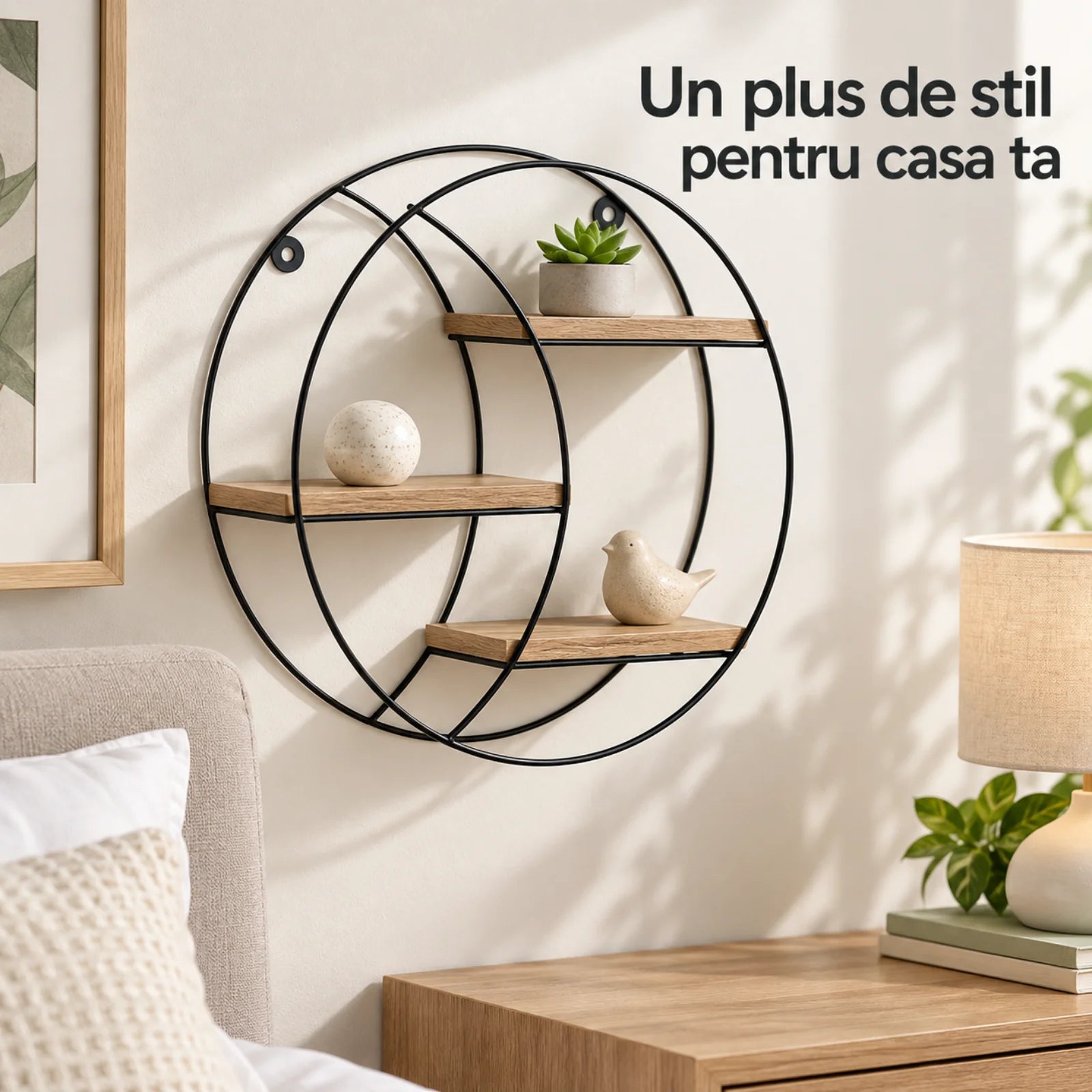 Raft Decorativ HASEPE® Rotund, cu 3 Niveluri din MDF si Cadru Metalic, Raft de Perete Ø30x9 cm