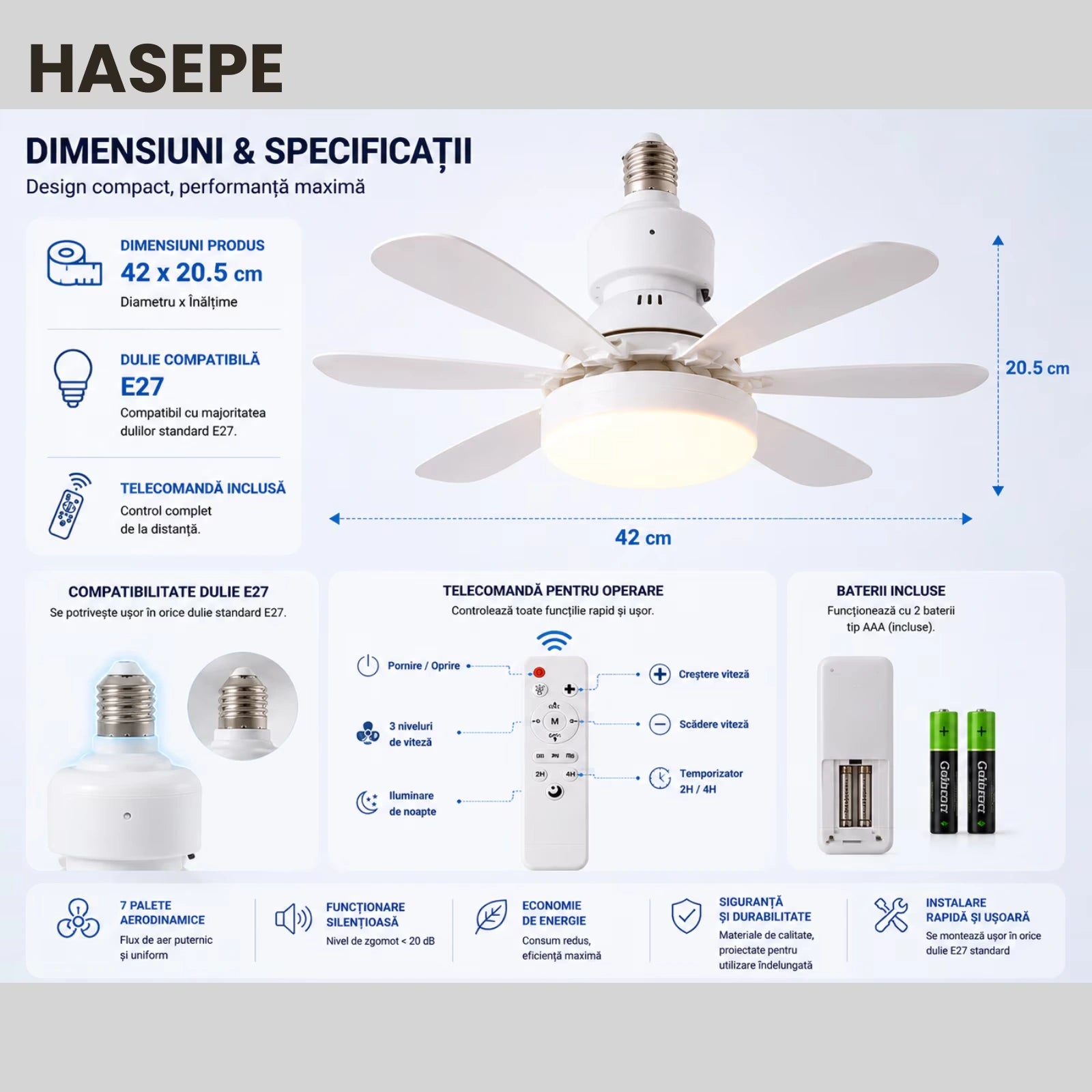 Ventilator HASEPE® Plafon Cu LED, Plafoniera Cu Ventilator E27, Ventilator Plafon 6 Palete, Telecomanda, 3 Trepte Viteza, Timer 2H/4H