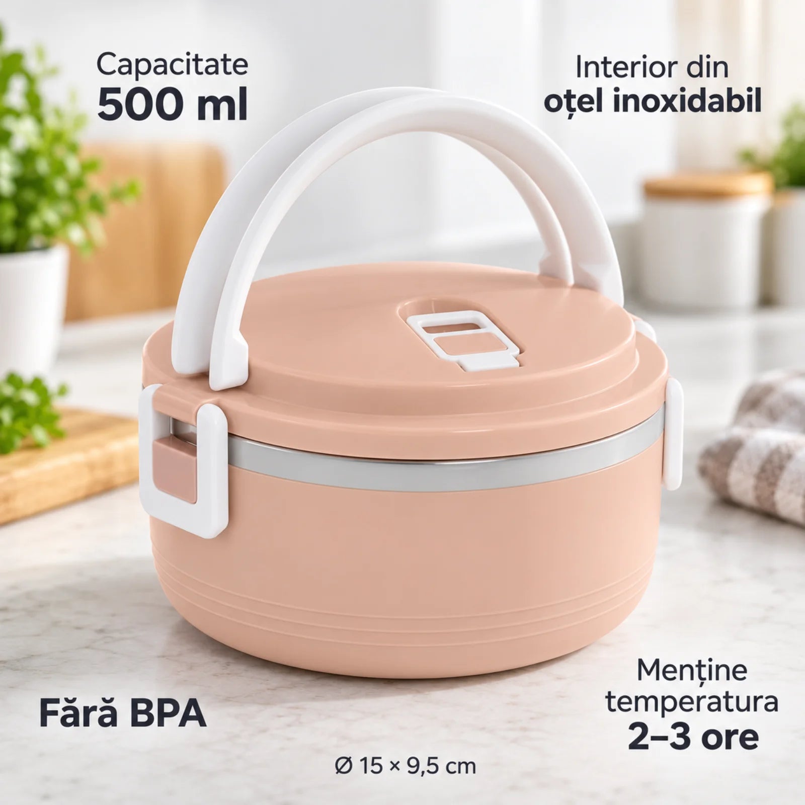 Caserola Termica HASEPE® Rotunda, 500 ml, Roz, Interior din Otel Inoxidabil