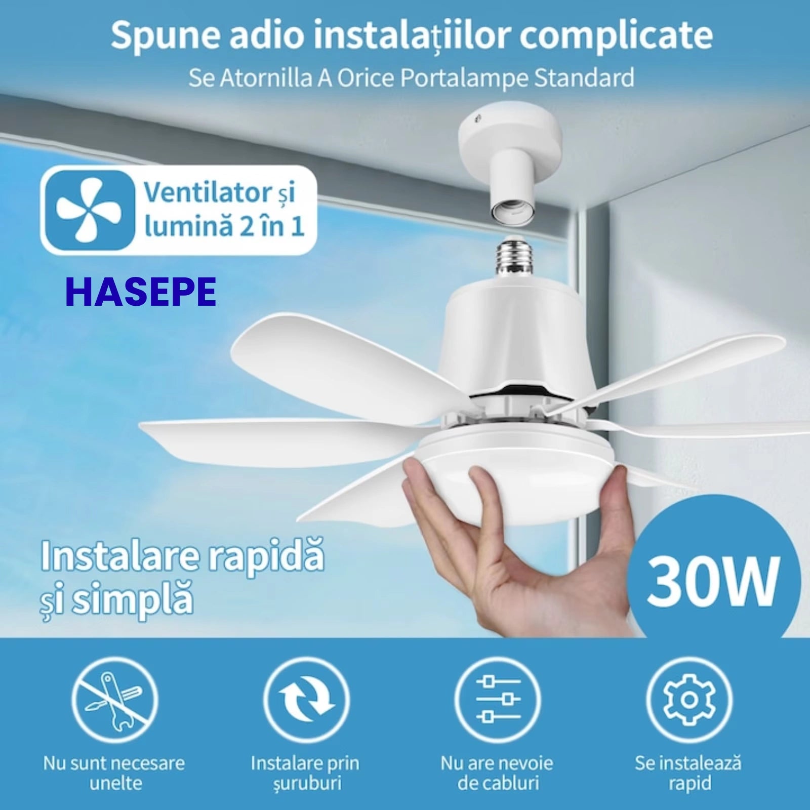 Ventilator HASEPE® Plafon Cu LED, Plafoniera Cu Ventilator E27, Ventilator Plafon 6 Palete, Telecomanda, 3 Trepte Viteza, Timer 2H/4H