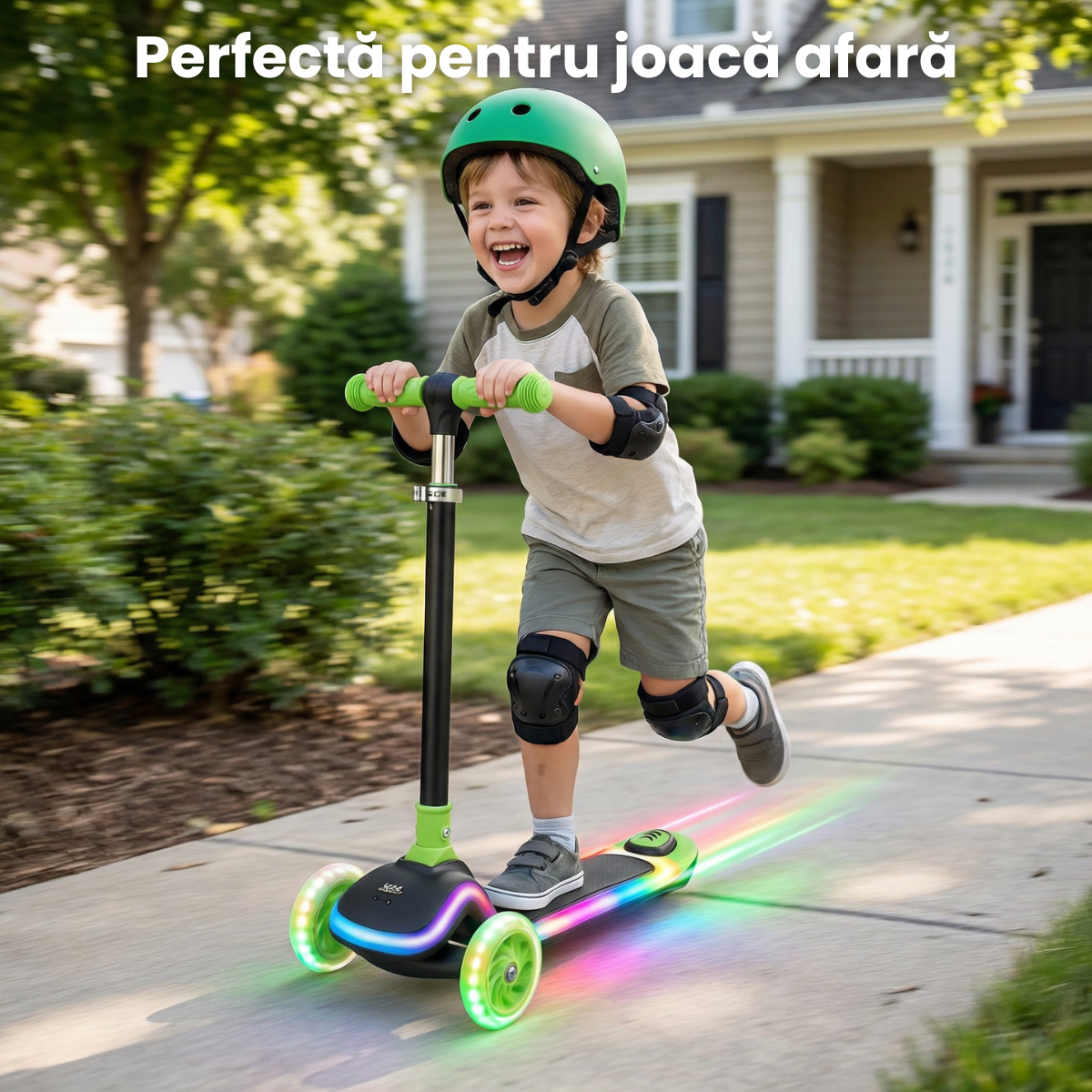 Trotineta Copii HASEPE Cu 3 Roti, Trotineta Cu Led In Roti, Inaltime 80 Cm, Ghidon Stabil, Design Pentru Echilibru, Trotineta Pentru Copii Usor De Folosit, Culoare Verde, Trotineta Copii Pentru Joaca