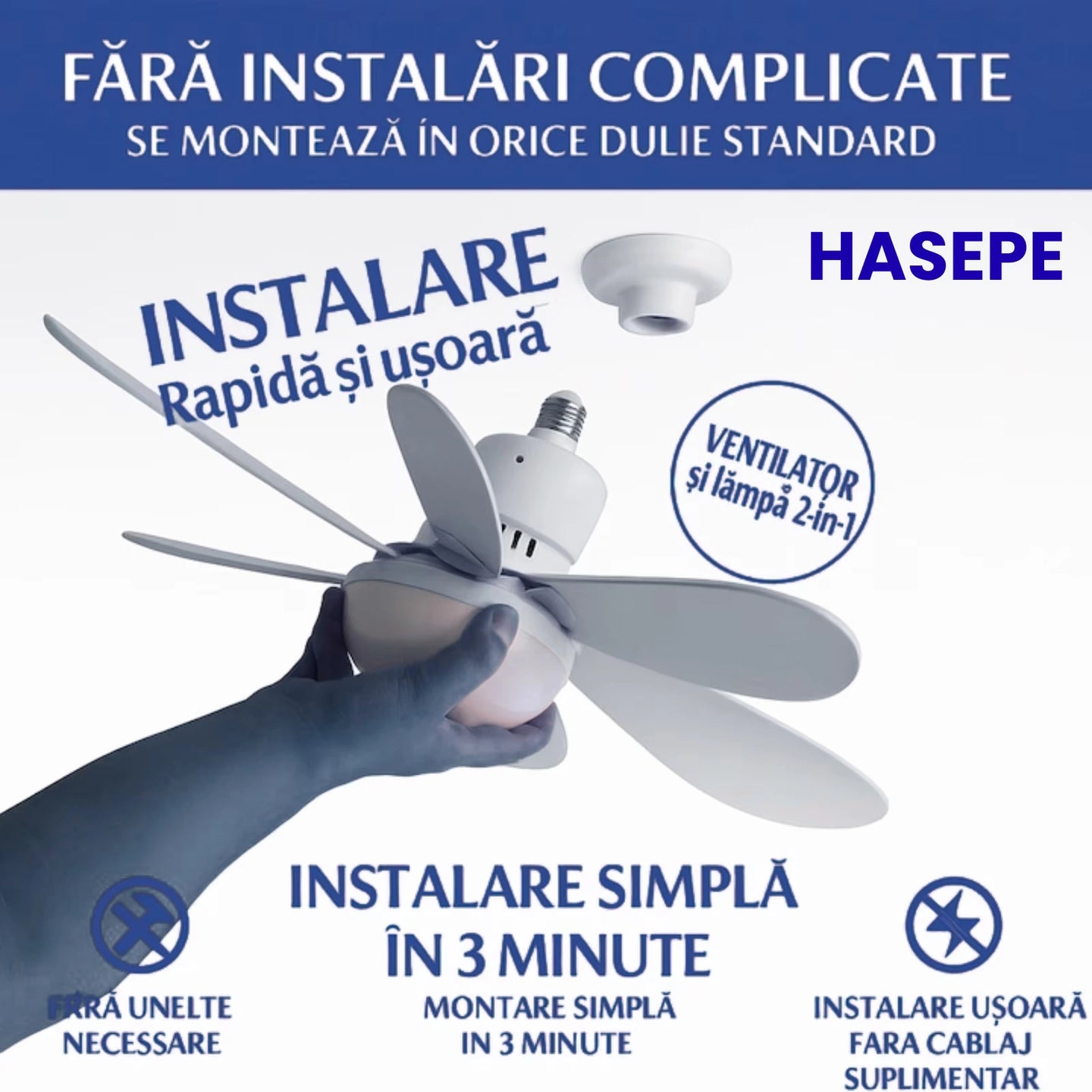 Ventilator HASEPE® Plafon Cu LED, Plafoniera Cu Ventilator E27, Ventilator Plafon 6 Palete, Telecomanda, 3 Trepte Viteza, Timer 2H/4H