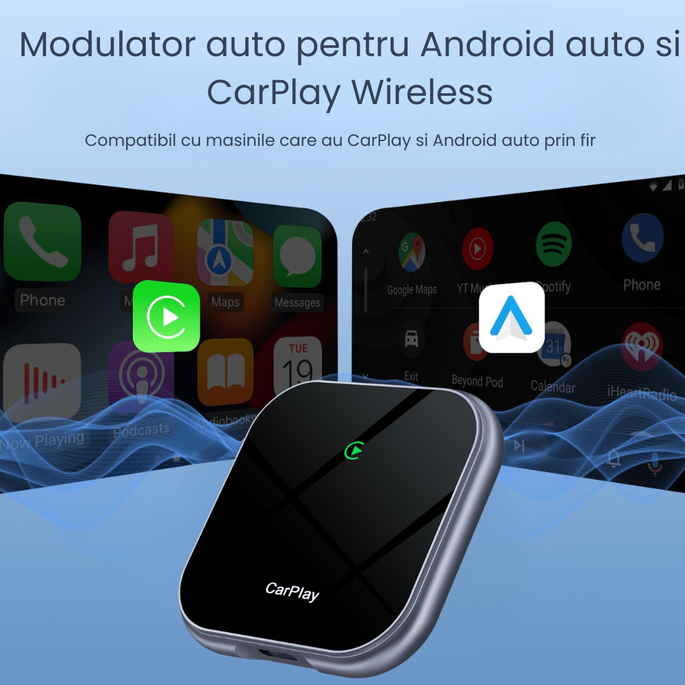 Modulator Auto CarPlay si Android Auto Wireless 2 in 1 HASEPE, Plug & Play, Compatibil iOS 10+ si Android 11+, WiFi 2.4/5Ghz, Procesor AI, Conectare Automata, Upgrade Masini cu CarPlay/Android Auto - HASEPE