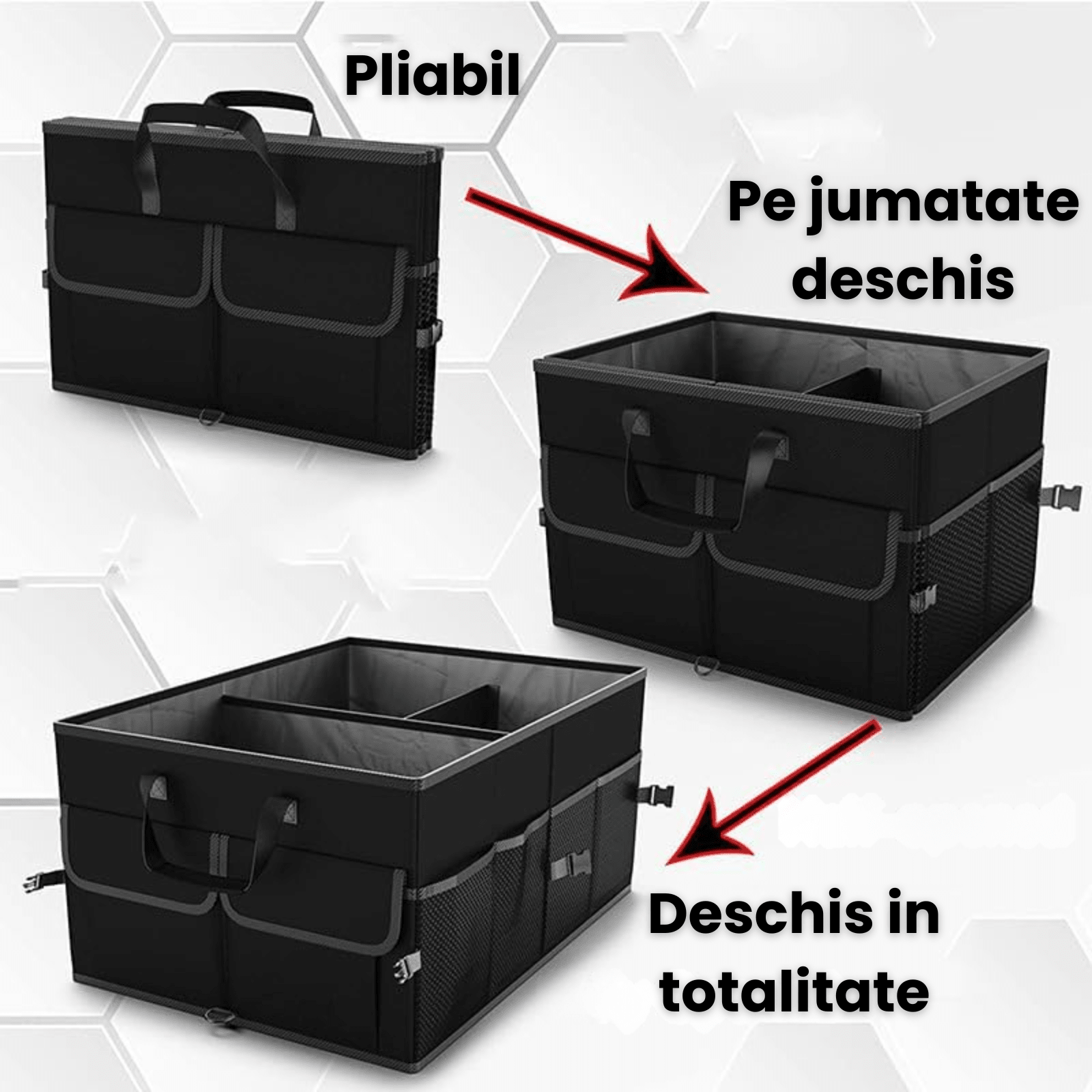 Organizator Portbagaj Auto 60L HASEPE, Pliabil, Multifunctional, Capac Detasabil, Curele Fixare si Baza Antialunecare, 3 Compartimente Mari + Buzunare Laterale, 51x32x37 cm, Negru Oxford - HASEPE