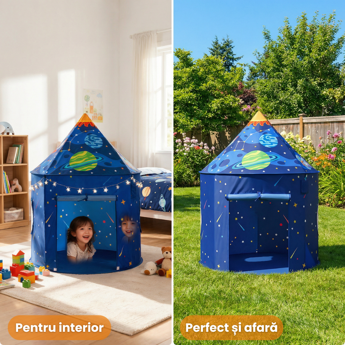 Cort Joaca HASEPE Pliabil Model Racheta Spatiala, Cort Joaca Pentru Copii 100x135cm, Casuta Copii Interior, Cort Joaca Baieti 4 - 6 Ani, Design Albastru, Casuta Copii Tip Joc De Rol, Montare Rapida, Gea - HASEPE