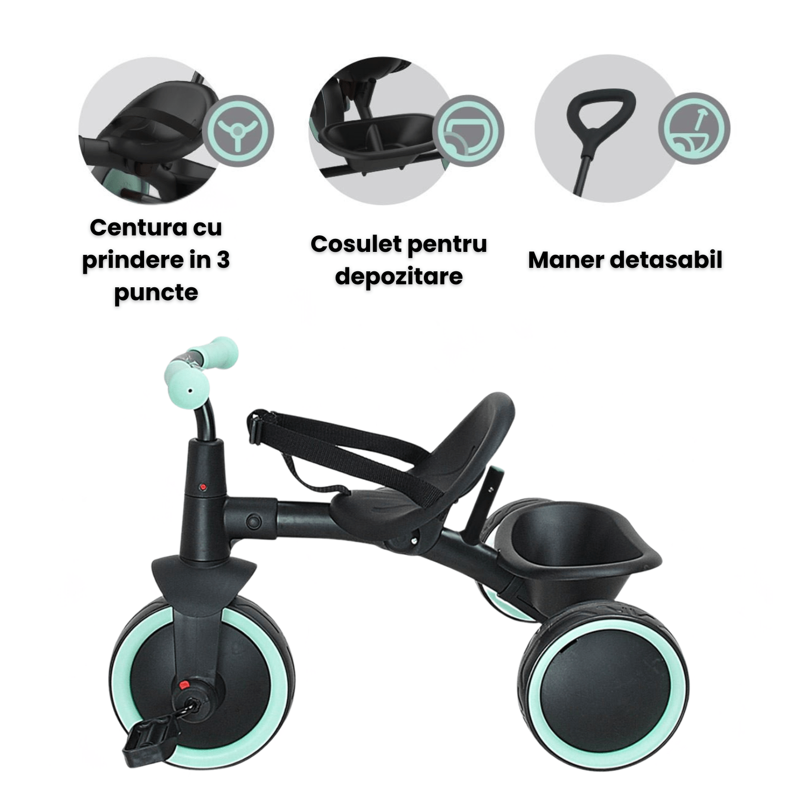 Tricicleta 2 in 1 HASEPE, cadru metalic si maner de control detasabil, roti mari, centura de siguranta in 3 puncte, cosulet pentru depozitare - HASEPE