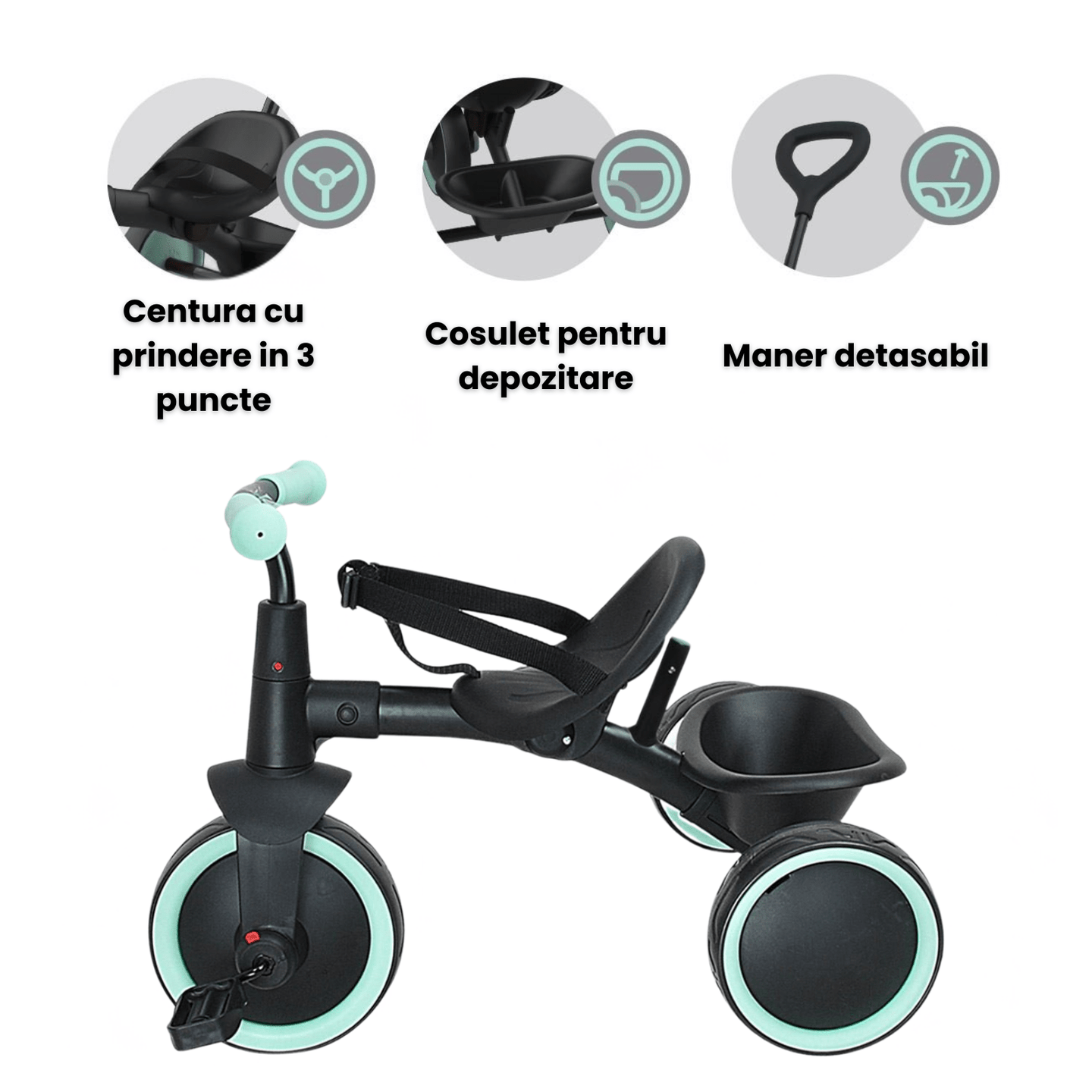 Tricicleta 2 in 1 HASEPE, cadru metalic si maner de control detasabil, roti mari, centura de siguranta in 3 puncte, cosulet pentru depozitare - HASEPE