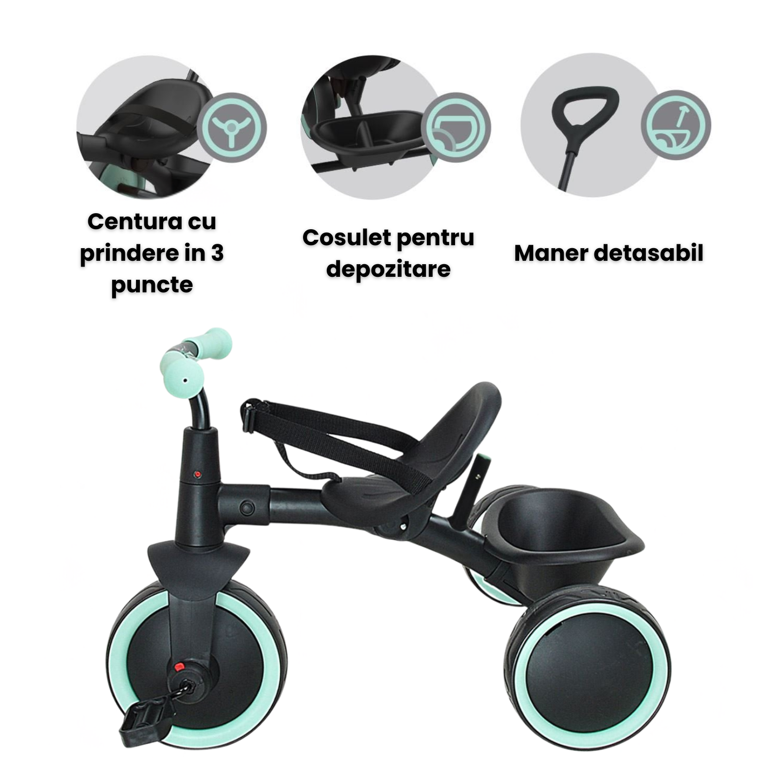 Tricicleta 2 in 1 HASEPE, cadru metalic si maner de control detasabil, roti mari, centura de siguranta in 3 puncte, cosulet pentru depozitare