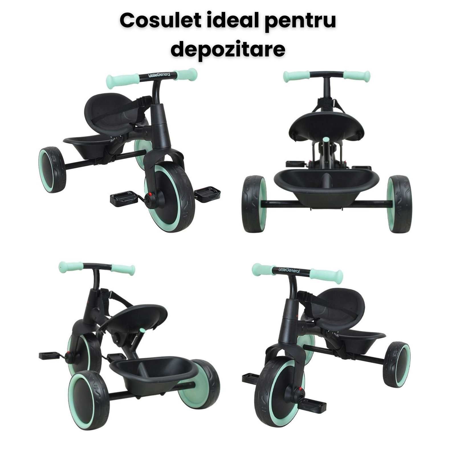 Tricicleta 2 in 1 HASEPE, cadru metalic si maner de control detasabil, roti mari, centura de siguranta in 3 puncte, cosulet pentru depozitare