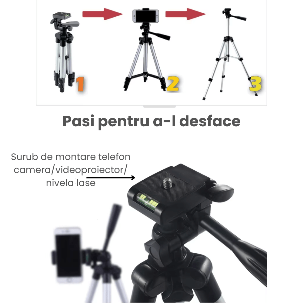 Trepied Foto Aluminiu Profesional HASEPE, cu Rotire 360 Grade si Inclinare 90 de Grade, Inaltime Ajustabila 35 - 102 cm, Nivela Inclusa, Usor de Utilizat pentru Camera, Telefon Mobil, Videoproiector, Ni - HASEPE