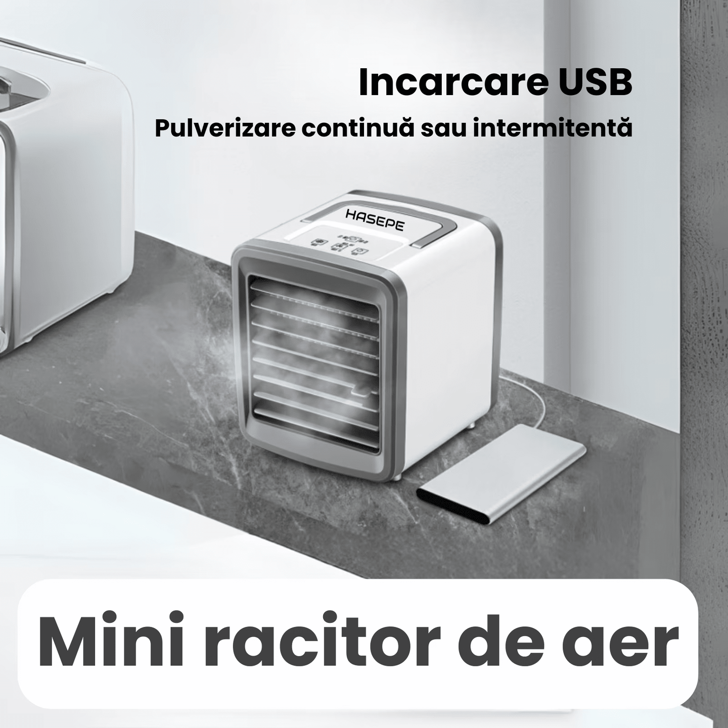 Racitor Ventilator aer portabil HASEPE, Ventilator pulverizare cu Apa, Mini aer USB, Silentios cu 2 viteze 3600 rpm/2700 rpm, Rezervor 200ml, Lumina LED, Buton ON/OFF, Climatizare Personala pentru Bir - HASEPE
