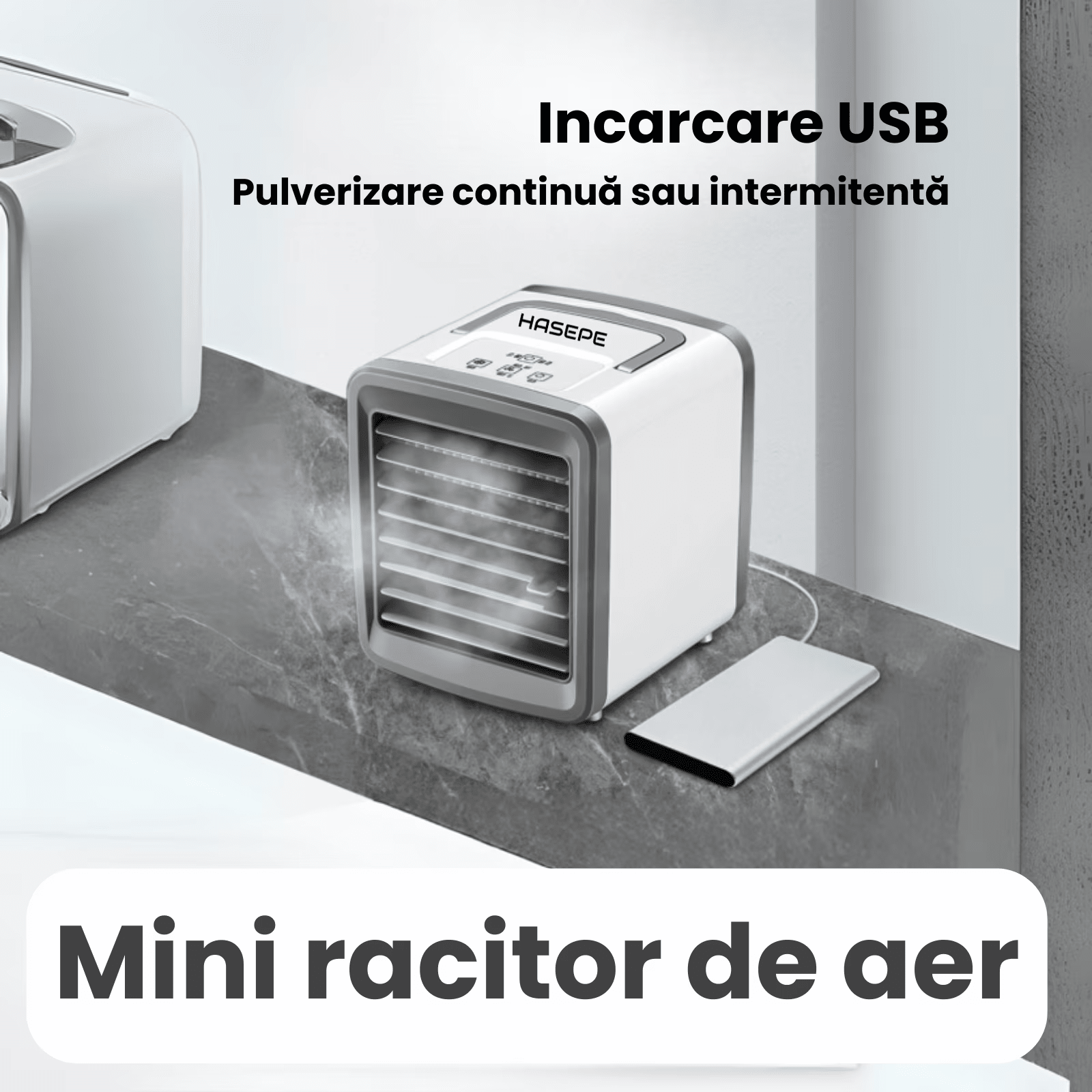 Racitor Ventilator aer portabil HASEPE, Ventilator pulverizare cu Apa, Mini aer USB, Silentios cu 2 viteze 3600 rpm/2700 rpm, Rezervor 200ml, Lumina LED, Buton ON/OFF, Climatizare Personala pentru Bir - HASEPE