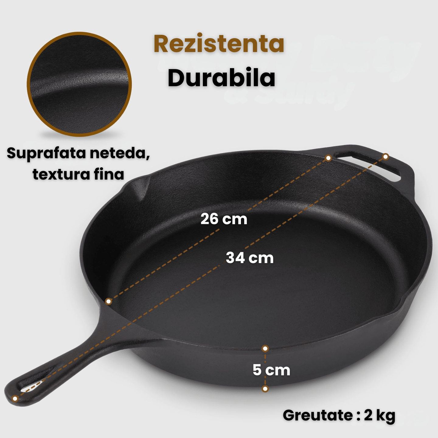 Tigaie rotunda din fonta HASEPE, compatibila cu inductie, cu manere duble si margini de scurgere, incalzire uniforma, durabila si usor de curatat, 26 x 5 cm - HASEPE